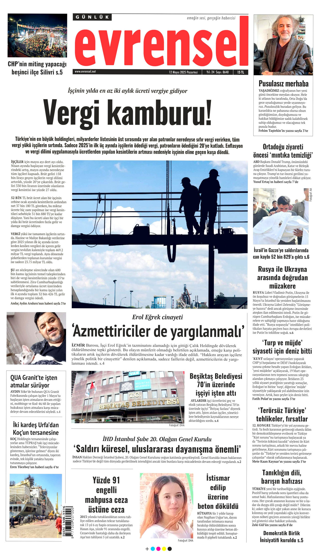 EVRENSEL gazetesinin 12 Mayıs 2025 tarihli birinci sayfası