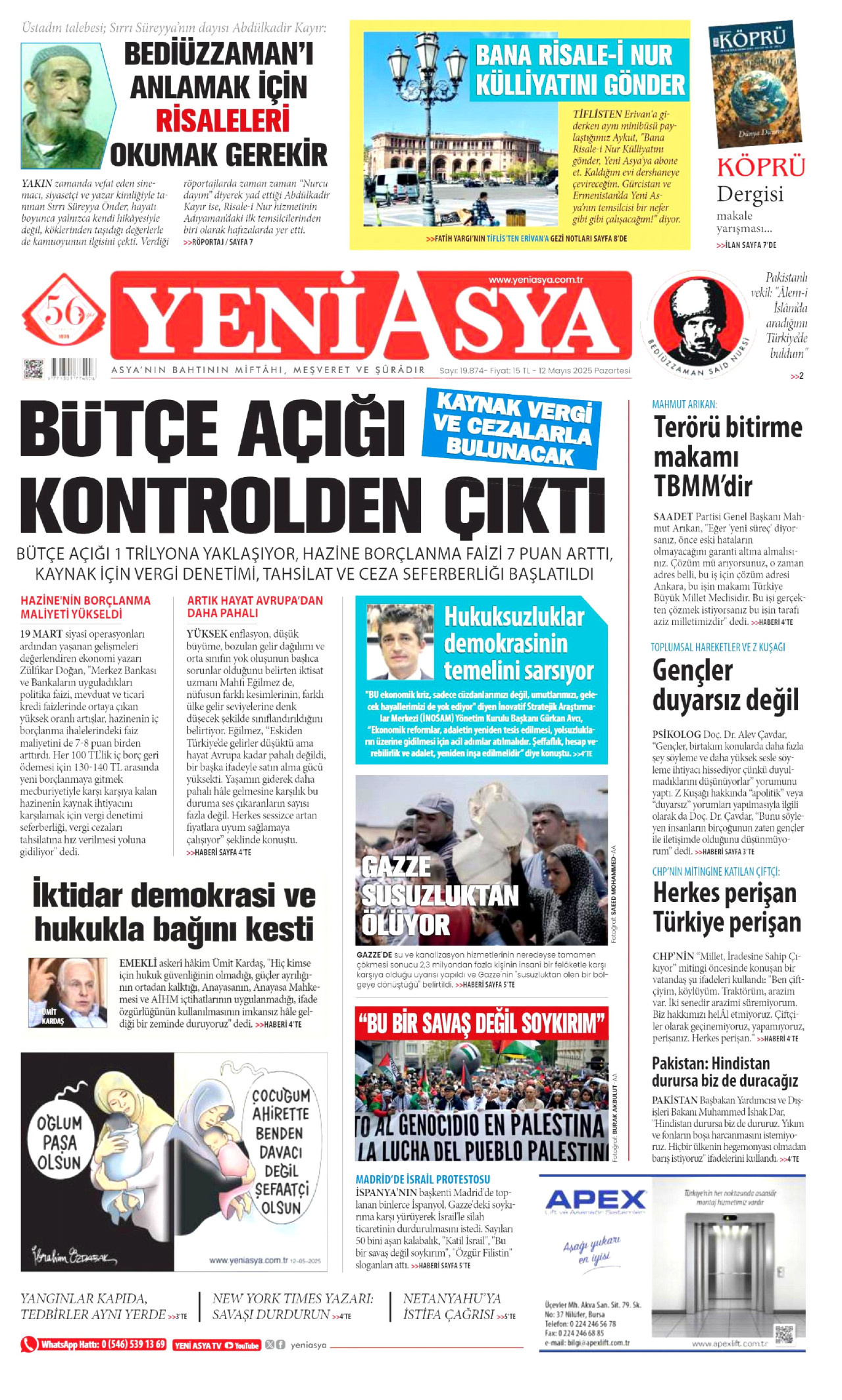 YENİ ASYA gazetesinin 12 Mayıs 2025 tarihli birinci sayfası