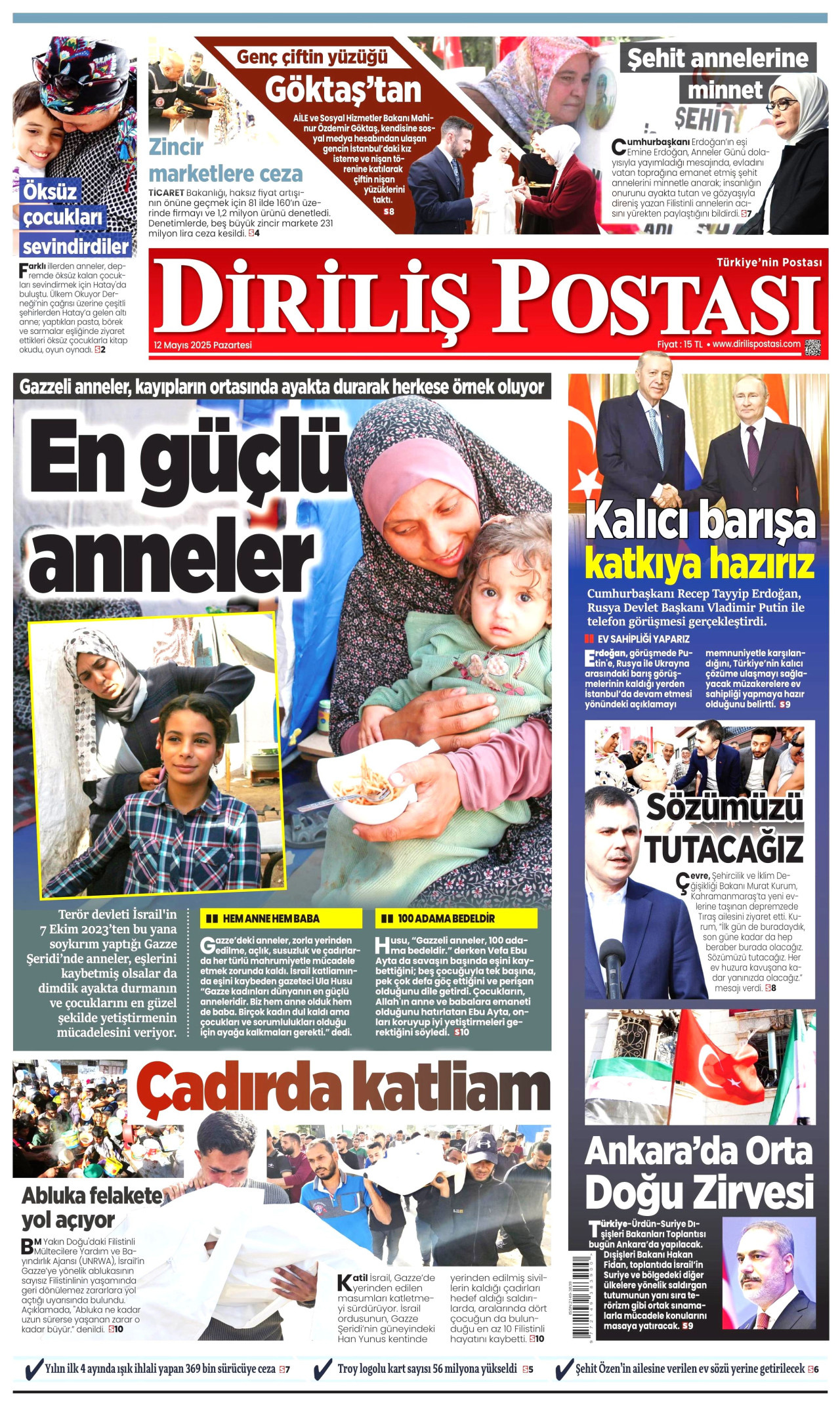 DİRİLİŞ POSTASI gazetesinin 12 Mayıs 2025 tarihli birinci sayfası