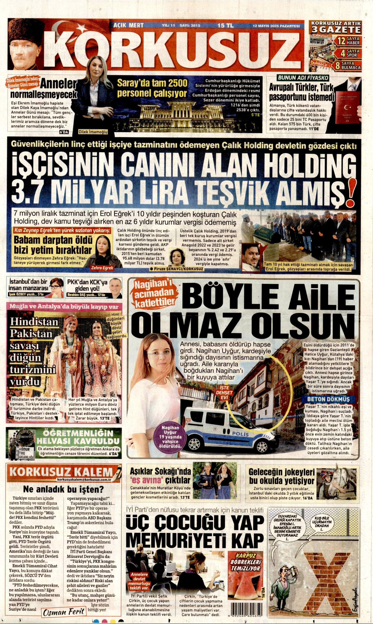 KORKUSUZ gazetesinin 12 Mayıs 2025 tarihli birinci sayfası