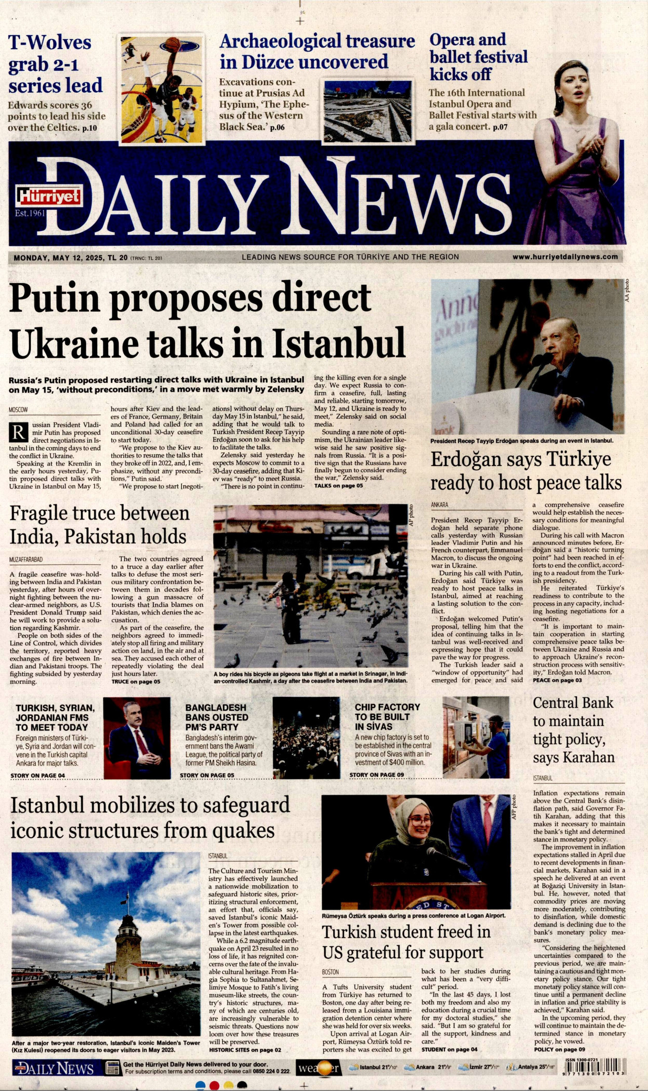 HÜRRİYET DAİLY NEWS gazetesinin 12 Mayıs 2025 tarihli birinci sayfası