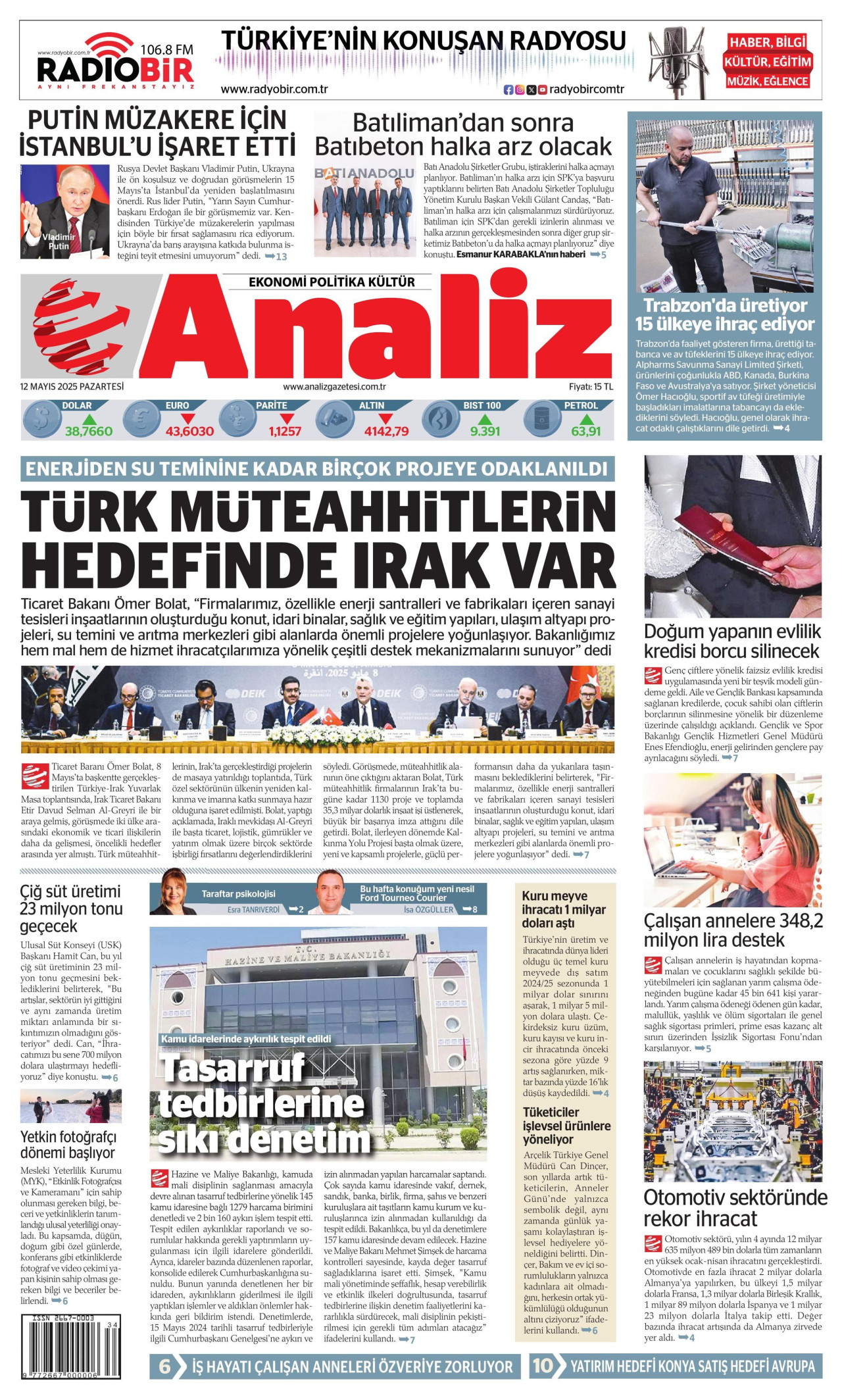 ANALİZ gazetesinin 12 Mayıs 2025 tarihli birinci sayfası