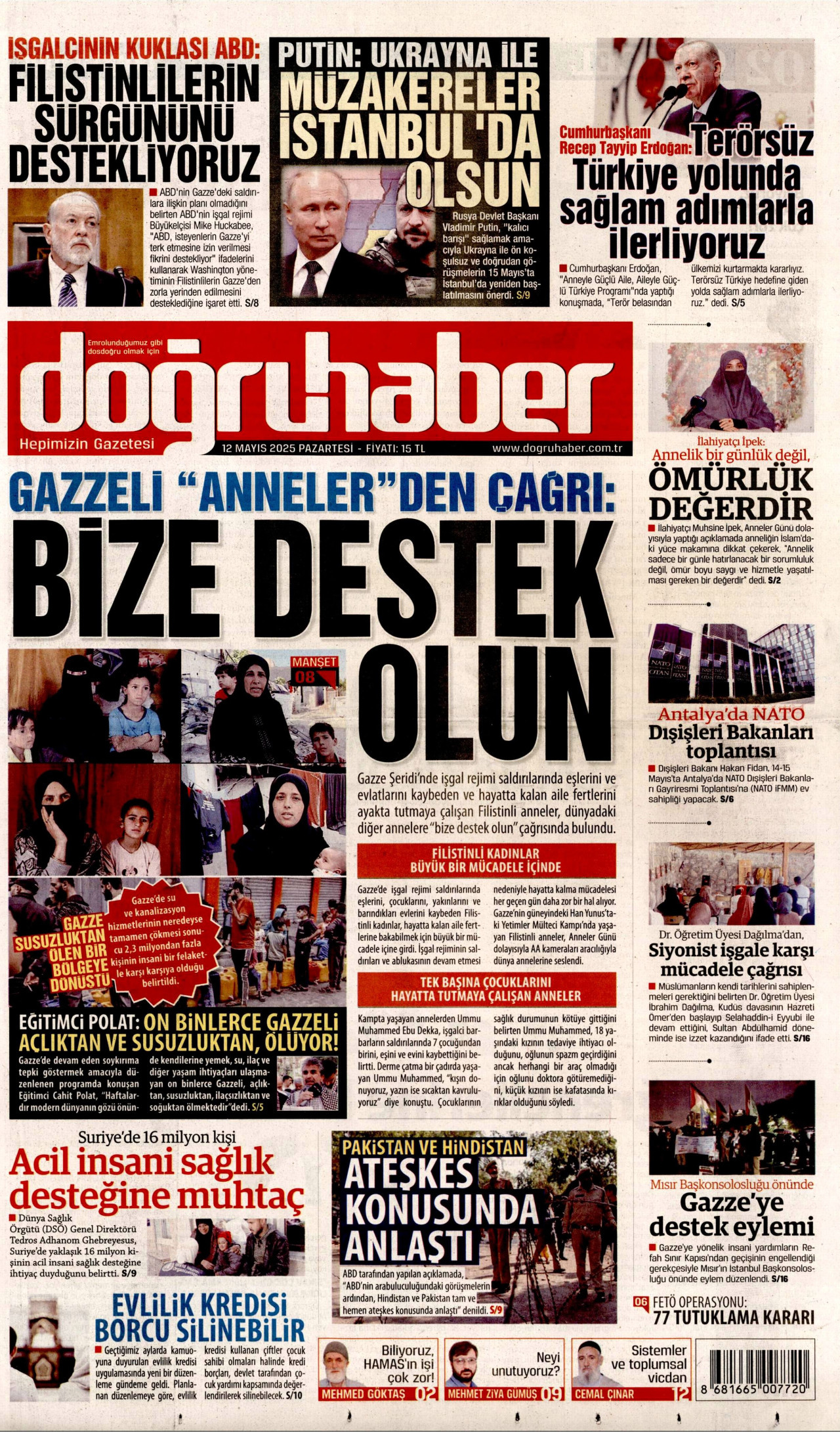 DOĞRU HABER gazetesinin 12 Mayıs 2025 tarihli birinci sayfası