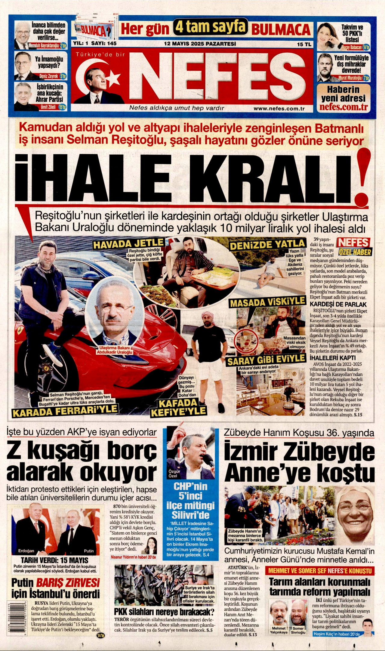 NEFES gazetesinin 12 Mayıs 2025 tarihli birinci sayfası