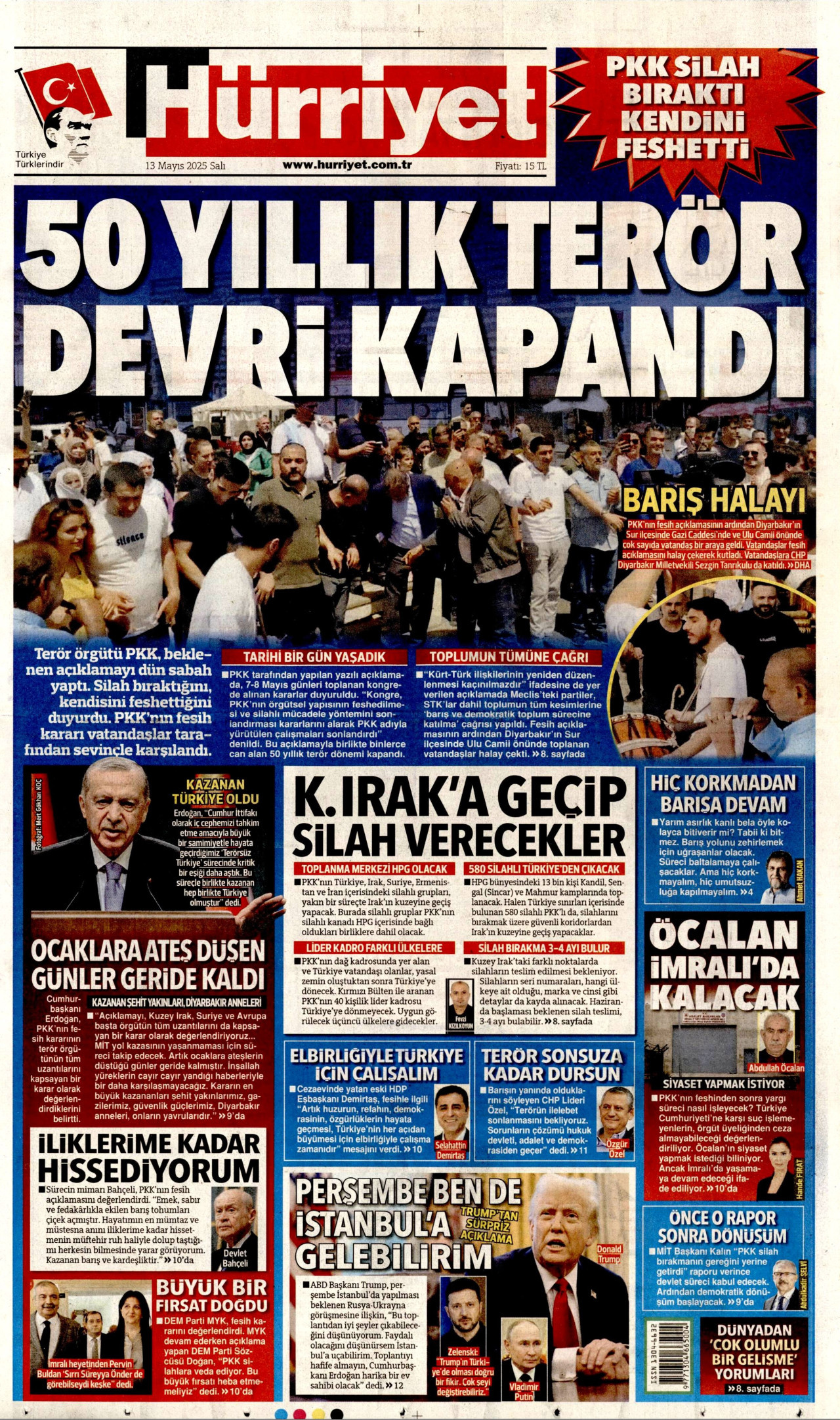 HÜRRİYET gazetesinin 13 Mayıs 2025 tarihli birinci sayfası