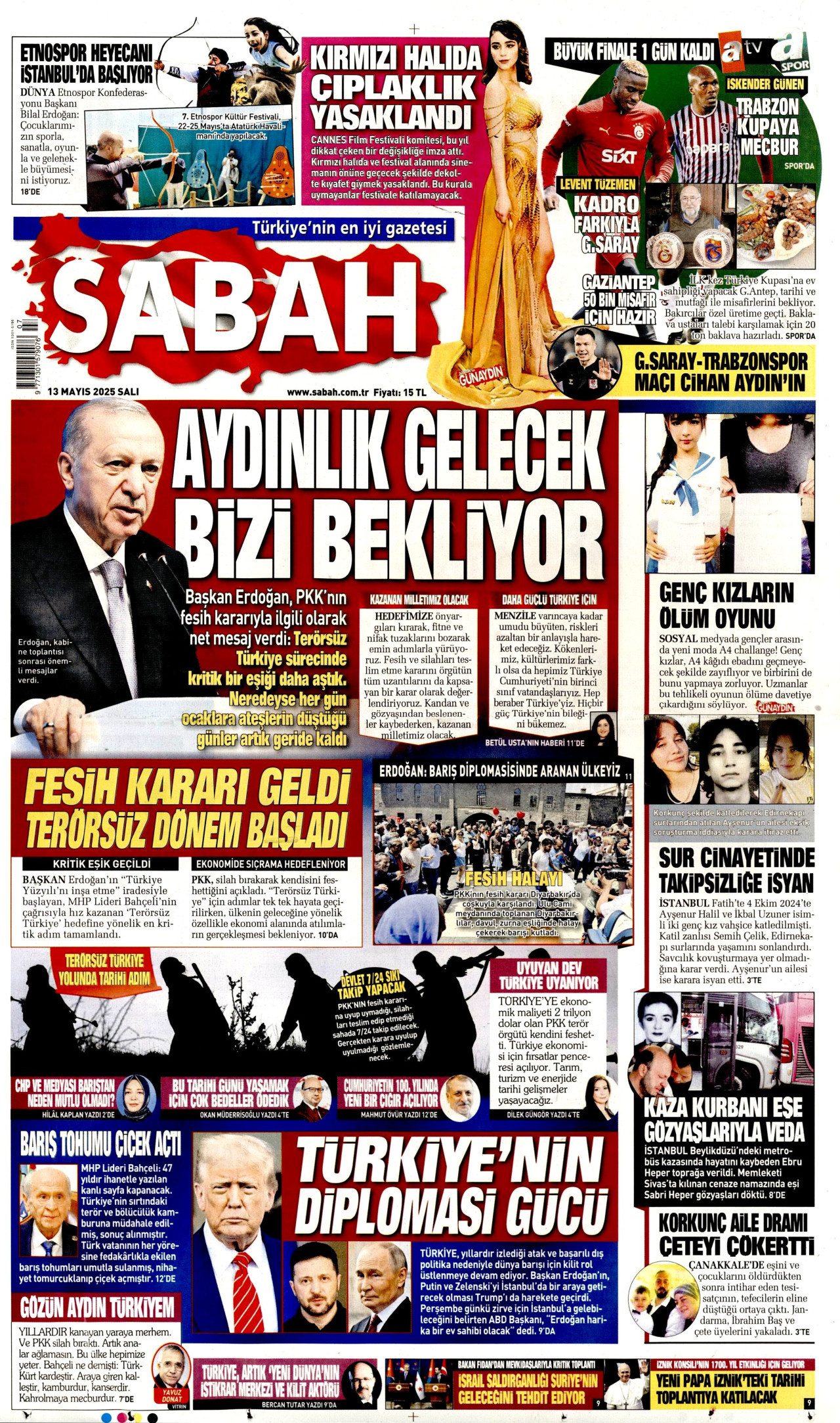 SABAH gazetesinin 13 Mayıs 2025 tarihli birinci sayfası