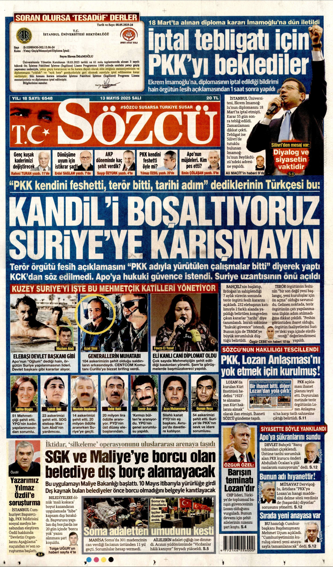 SÖZCÜ gazetesinin 13 Mayıs 2025 tarihli birinci sayfası