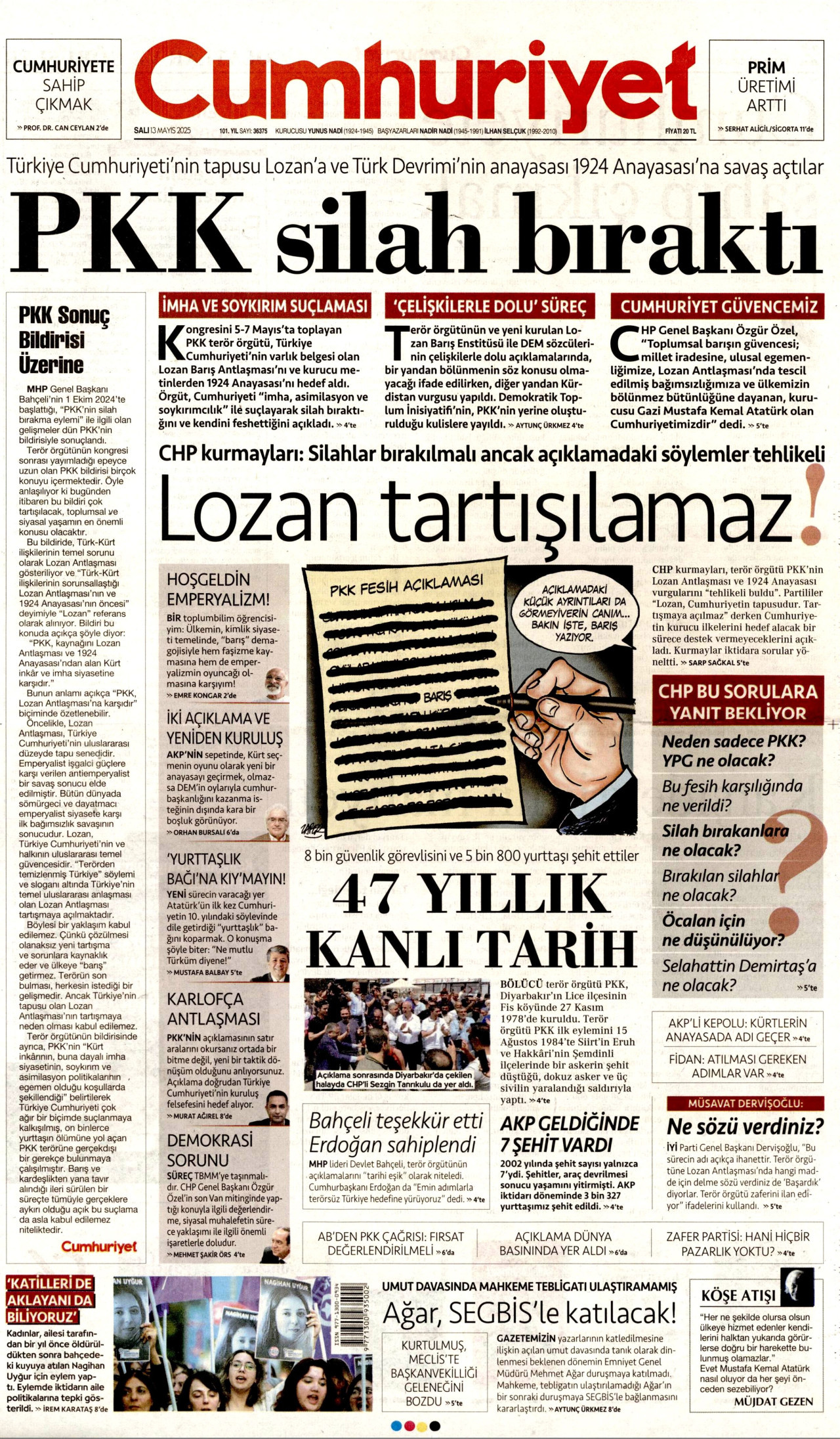 CUMHURİYET gazetesinin 13 Mayıs 2025 tarihli birinci sayfası