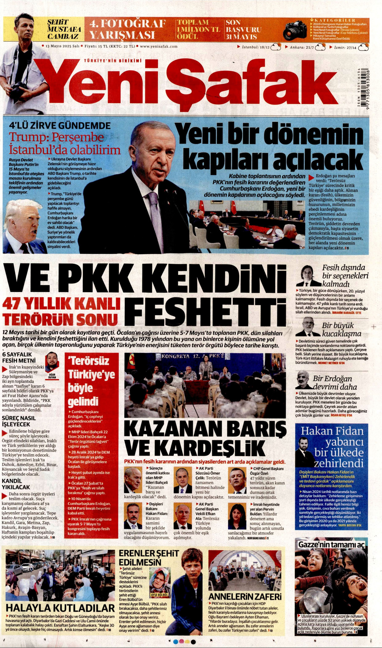 YENİ ŞAFAK gazetesinin 13 Mayıs 2025 tarihli birinci sayfası