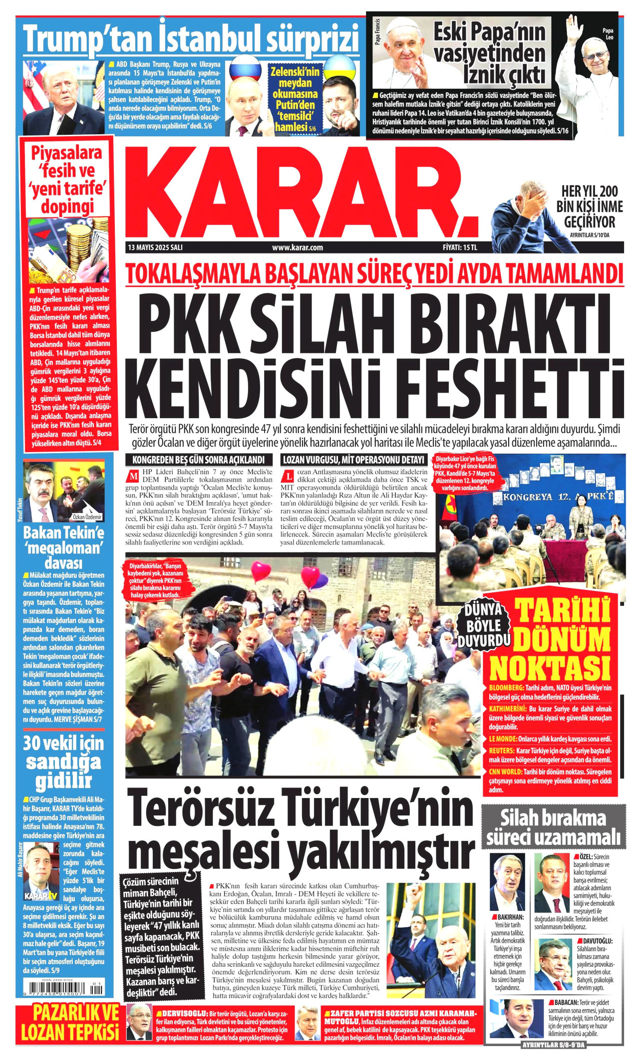 KARAR gazetesinin 13 Mayıs 2025 tarihli birinci sayfası
