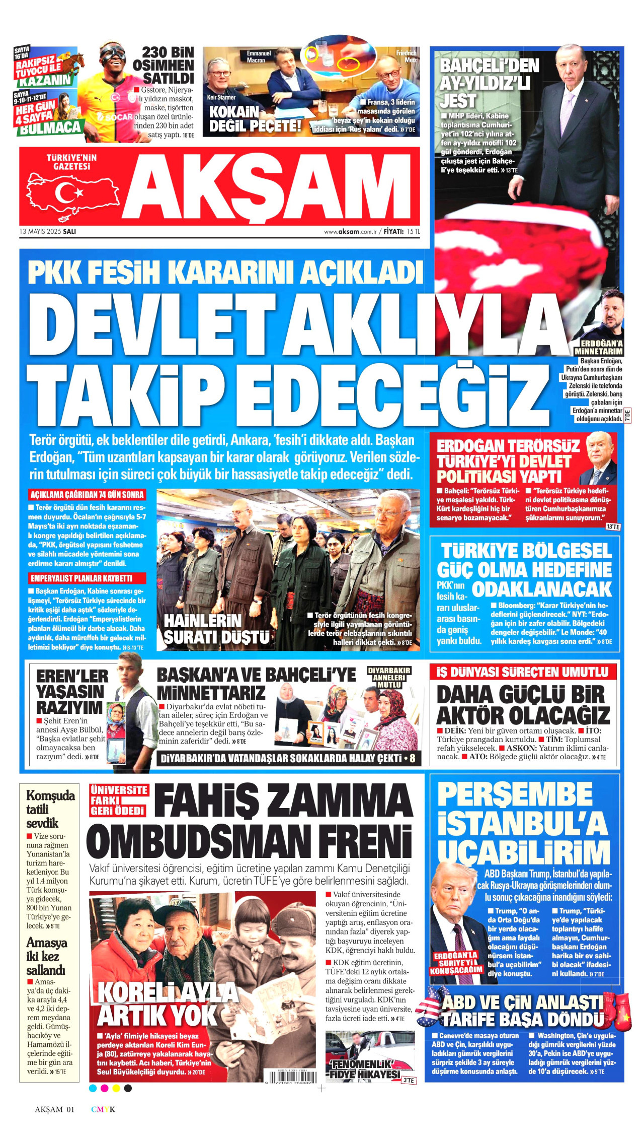 AKŞAM gazetesinin 13 Mayıs 2025 tarihli birinci sayfası