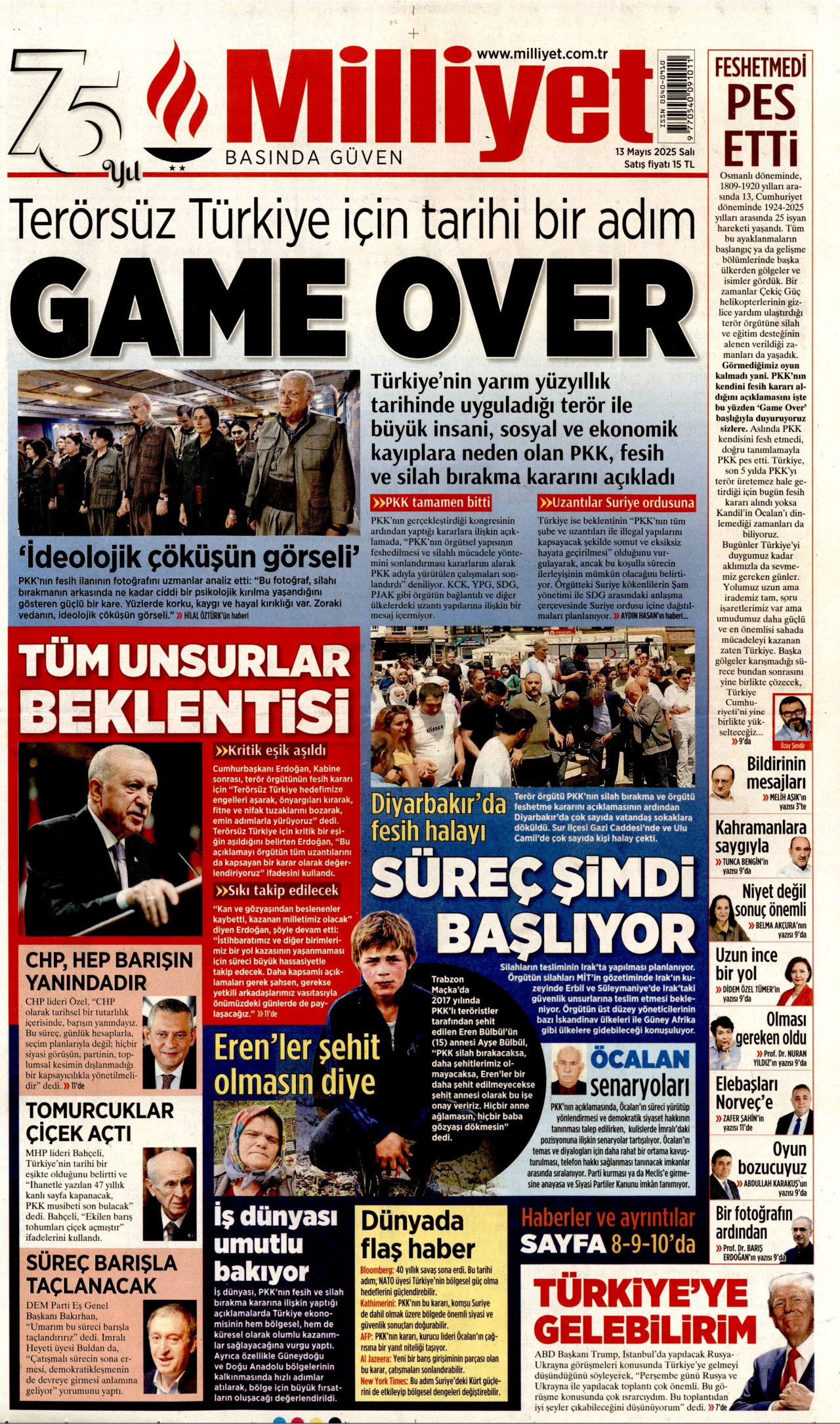 MİLLİYET gazetesinin 13 Mayıs 2025 tarihli birinci sayfası