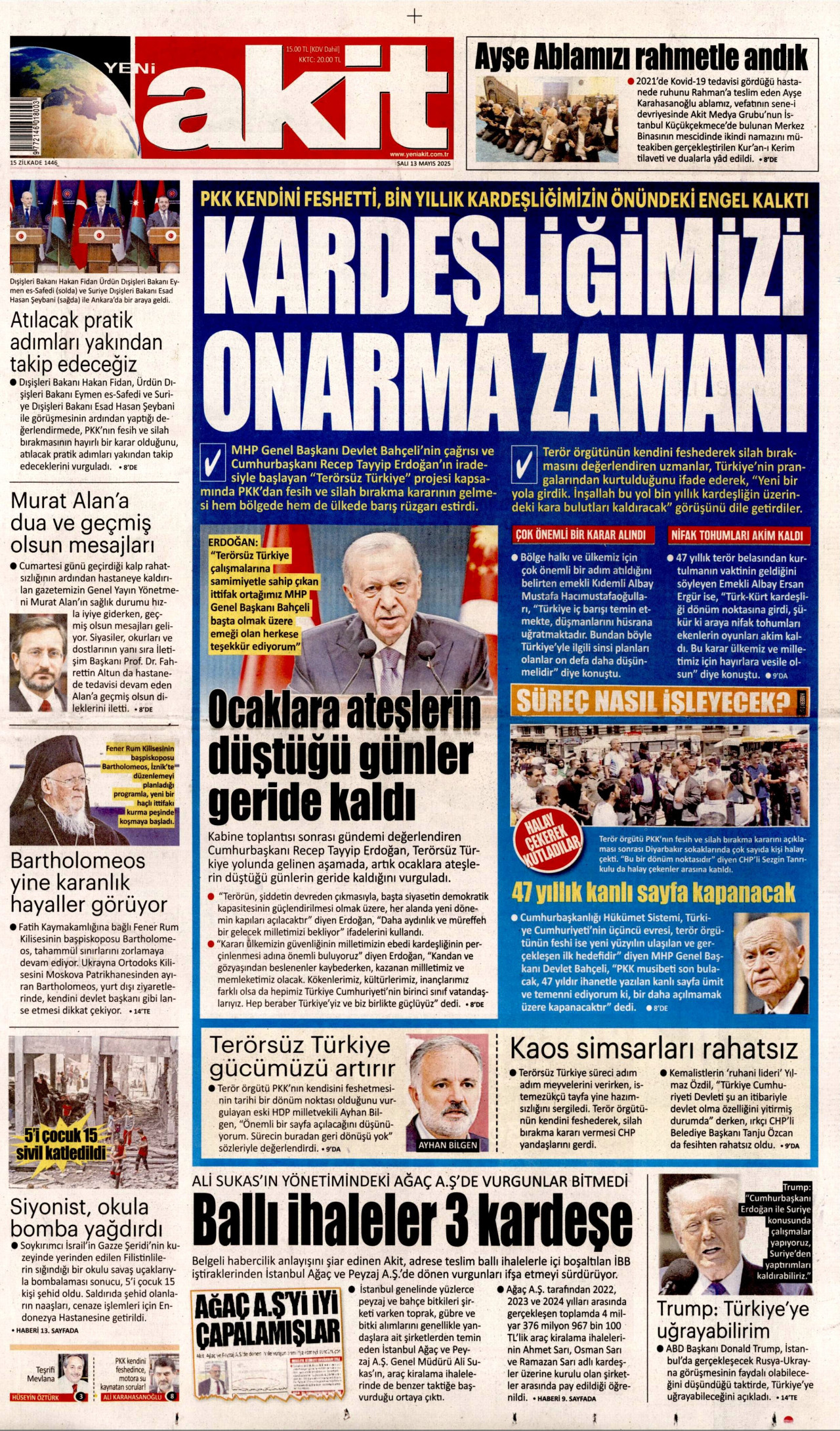 YENİ AKİT gazetesinin 13 Mayıs 2025 tarihli birinci sayfası