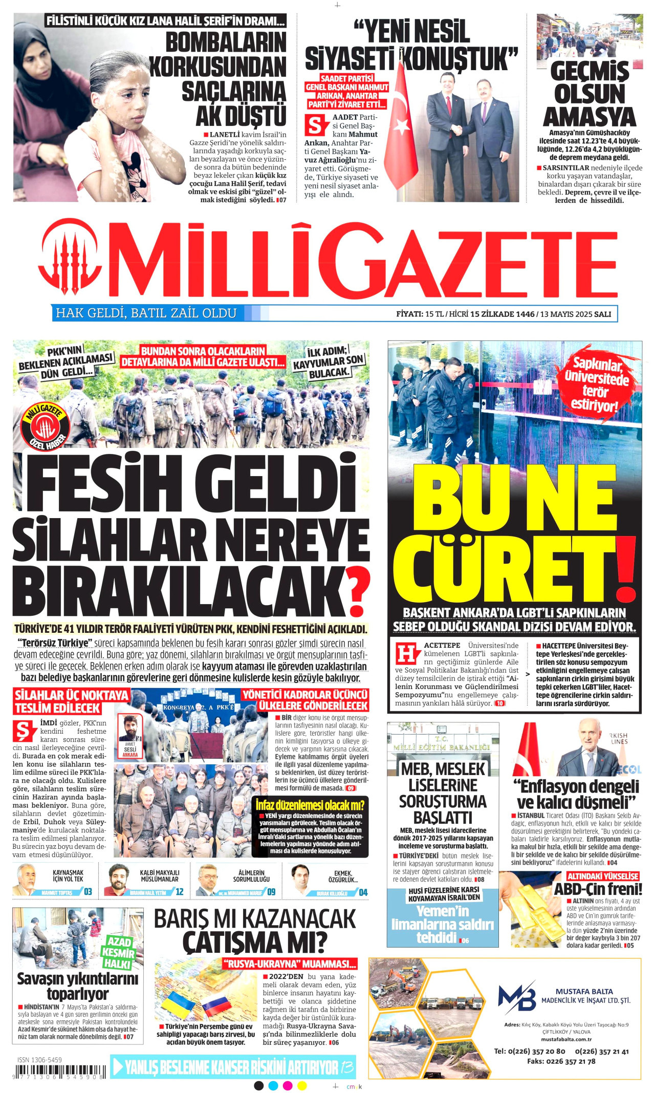 MİLLİ GAZETE gazetesinin 13 Mayıs 2025 tarihli birinci sayfası