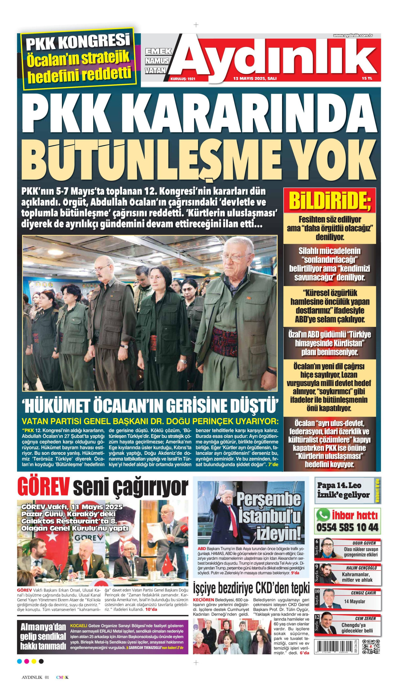 AYDINLIK GAZETESİ gazetesinin 13 Mayıs 2025 tarihli birinci sayfası