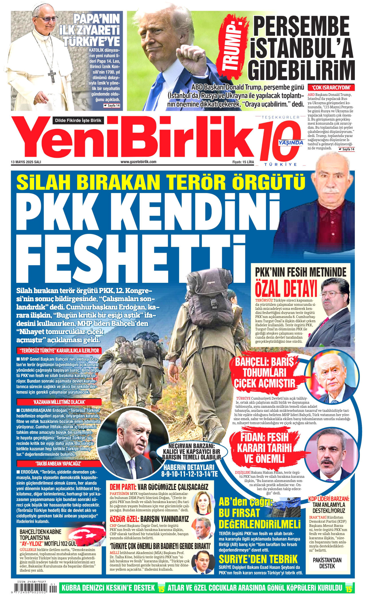 YENİBİRLİK gazetesinin 13 Mayıs 2025 tarihli birinci sayfası