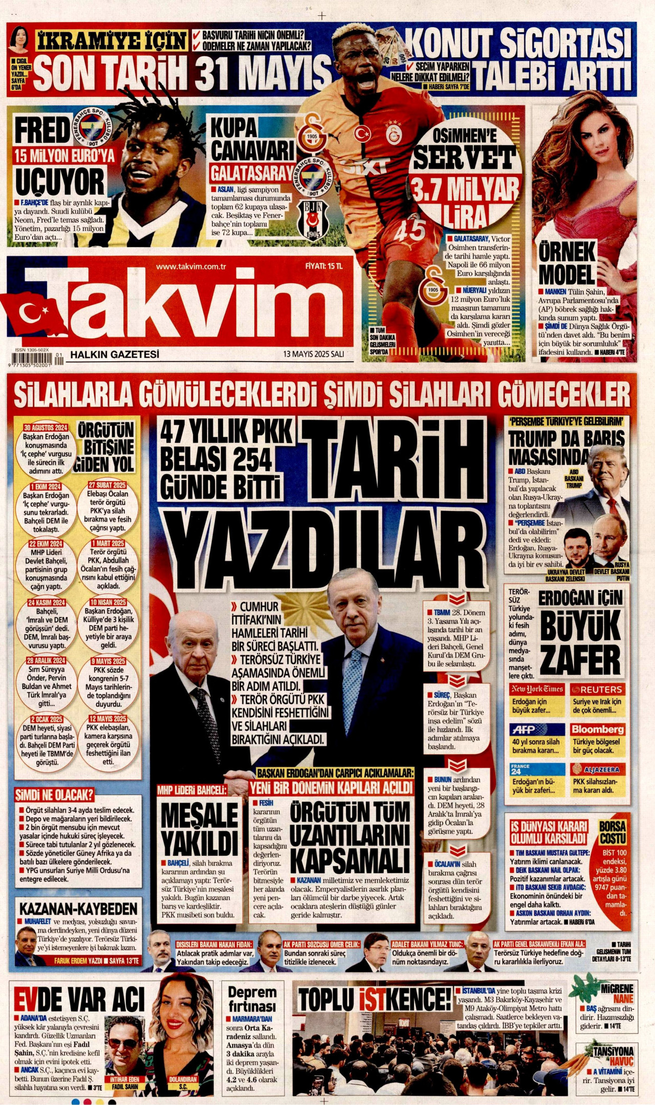 TAKVİM gazetesinin 13 Mayıs 2025 tarihli birinci sayfası