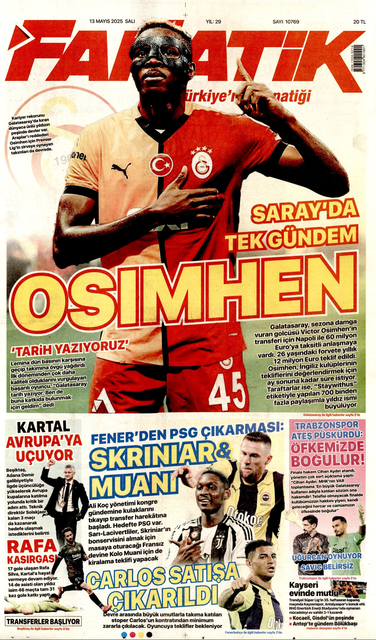 FANATİK gazetesinin 13 Mayıs 2025 tarihli birinci sayfası