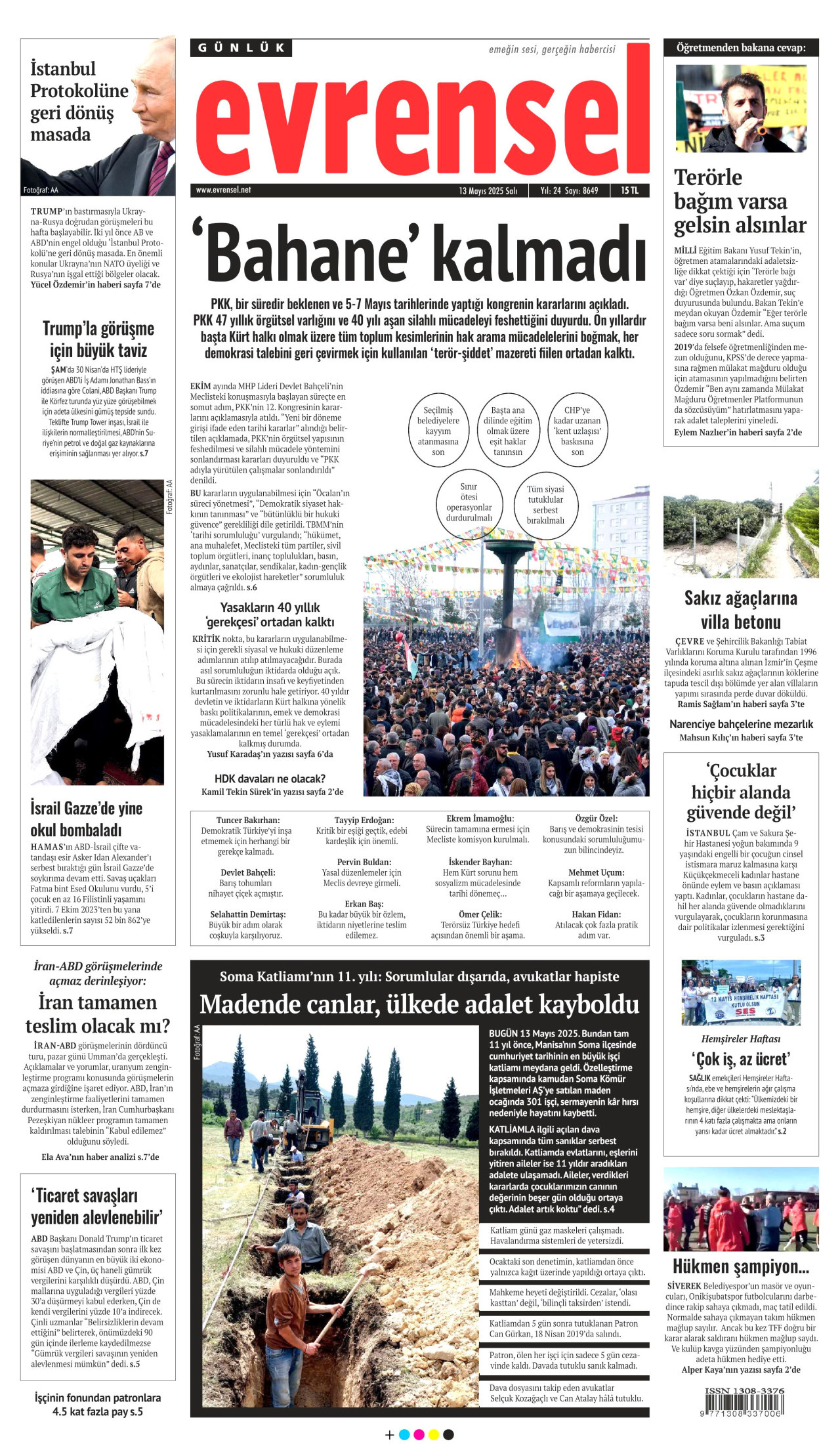 EVRENSEL gazetesinin 13 Mayıs 2025 tarihli birinci sayfası