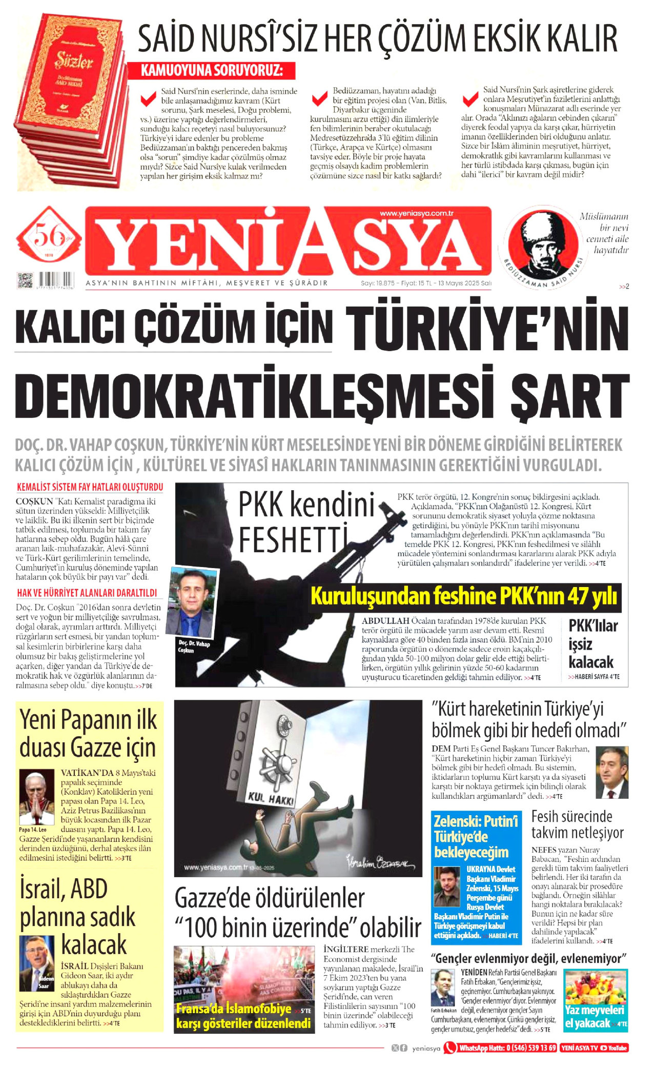 YENİ ASYA gazetesinin 13 Mayıs 2025 tarihli birinci sayfası