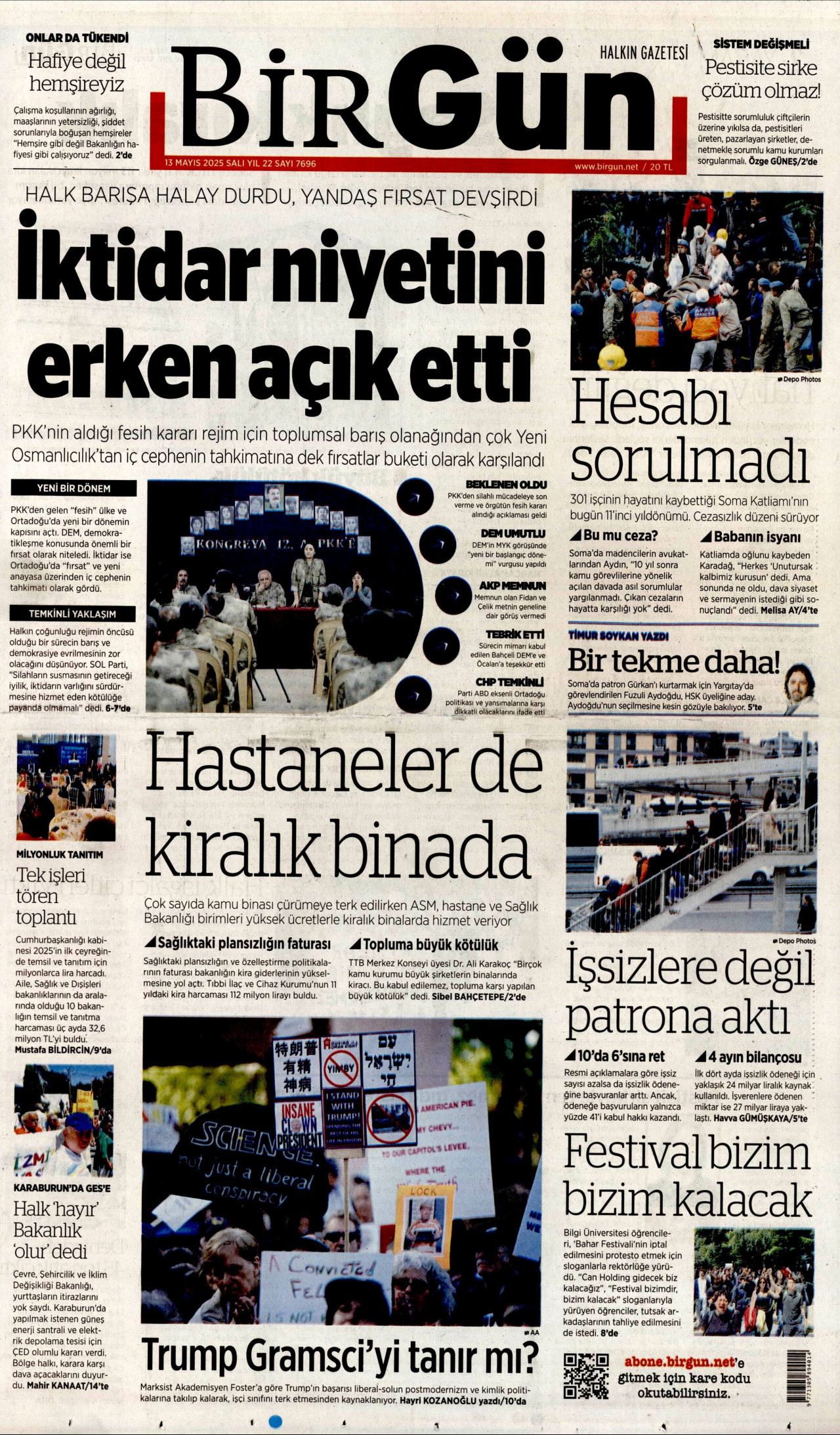 BİRGÜN gazetesinin 13 Mayıs 2025 tarihli birinci sayfası