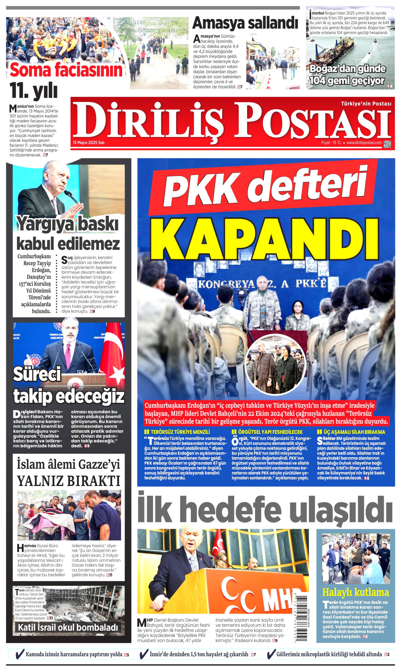 DİRİLİŞ POSTASI gazetesinin 13 Mayıs 2025 tarihli birinci sayfası