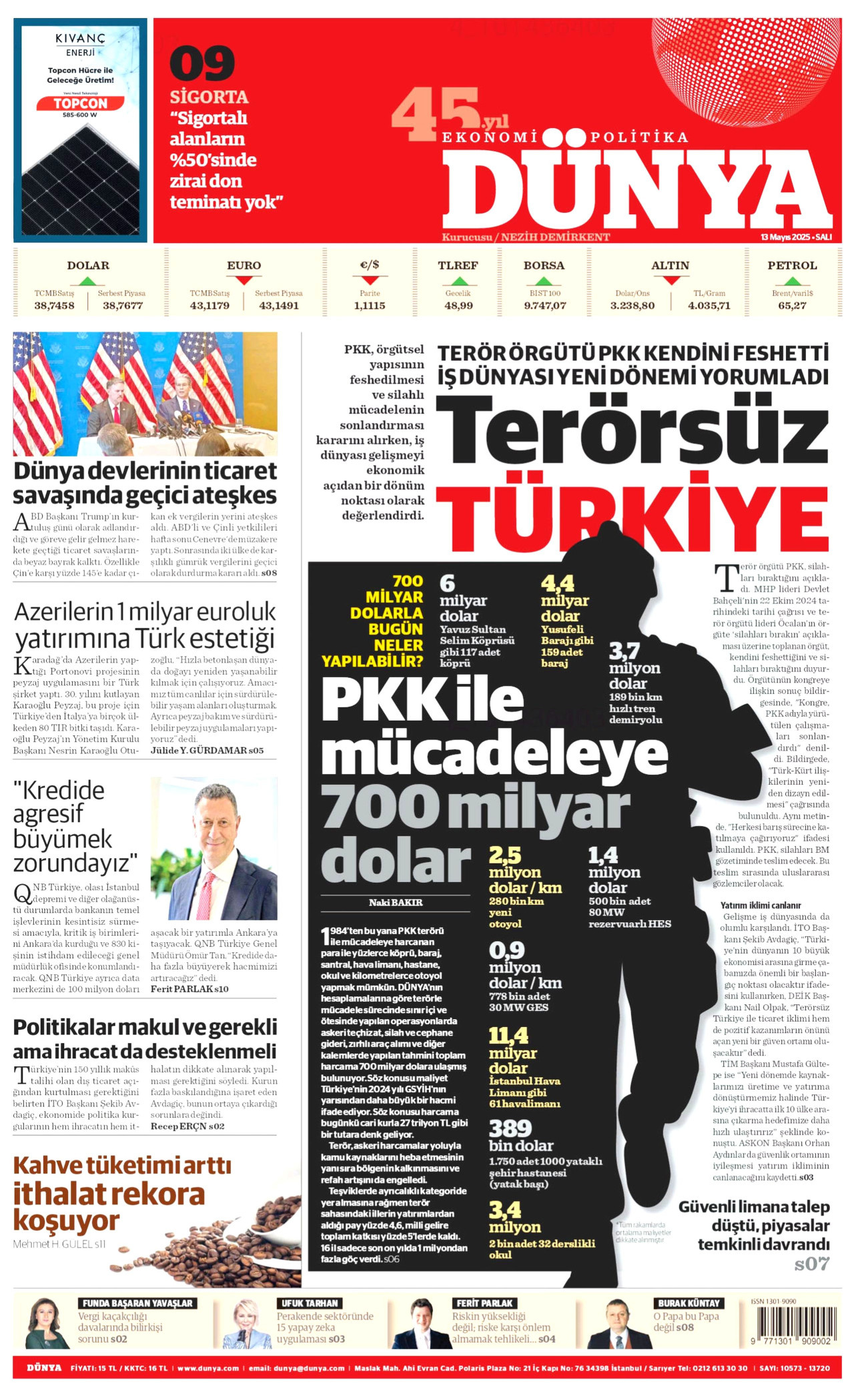 DÜNYA gazetesinin 13 Mayıs 2025 tarihli birinci sayfası