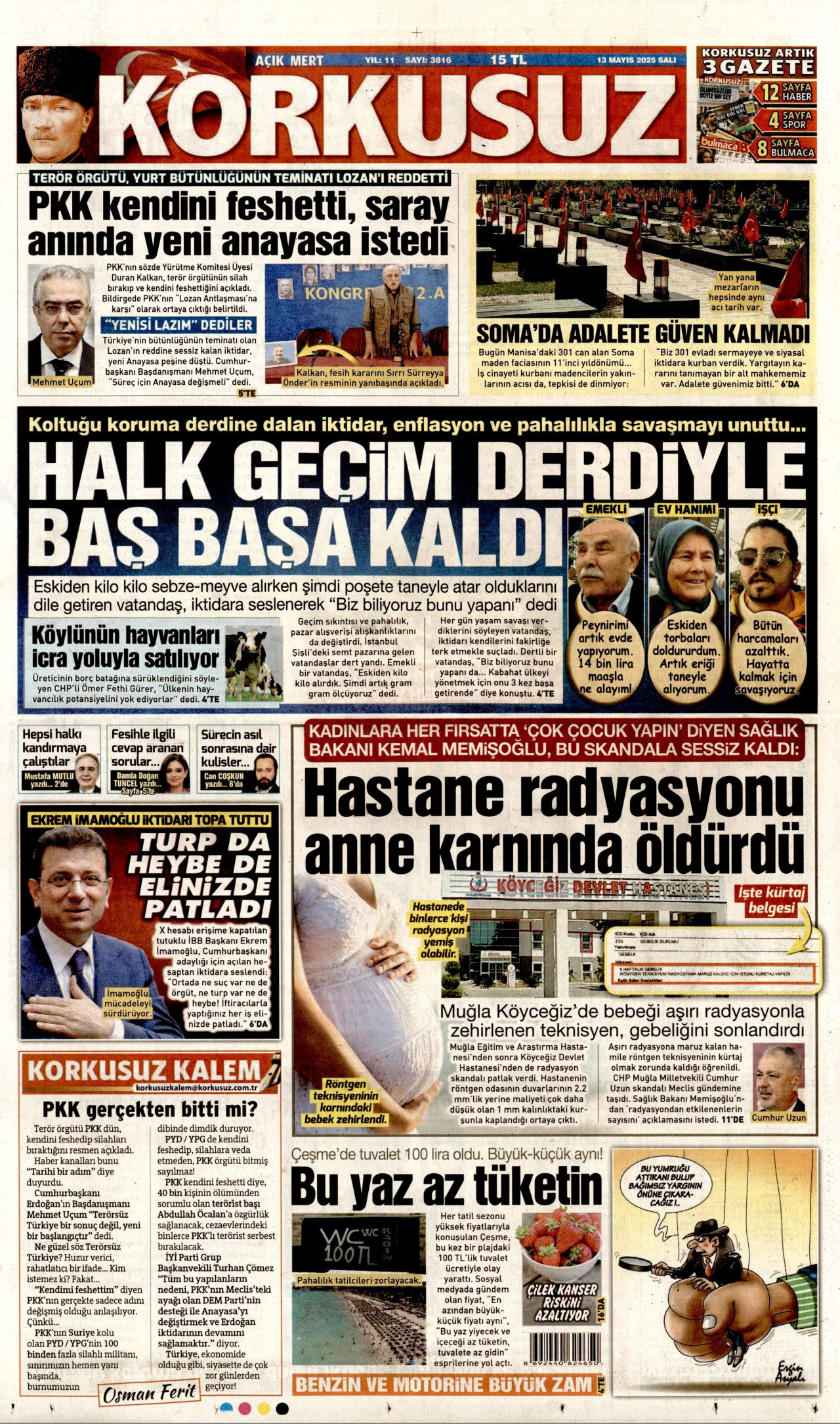 KORKUSUZ gazetesinin 13 Mayıs 2025 tarihli birinci sayfası