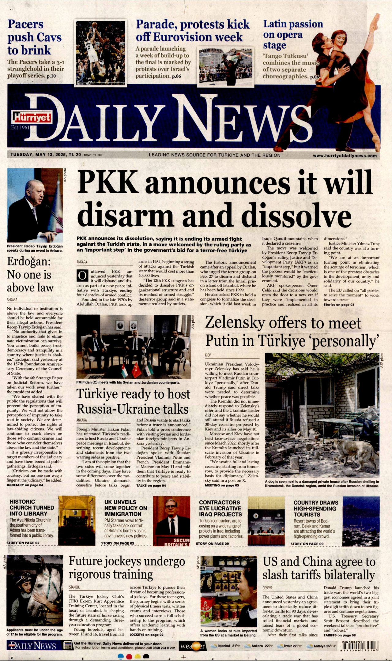 HÜRRİYET DAİLY NEWS gazetesinin 13 Mayıs 2025 tarihli birinci sayfası