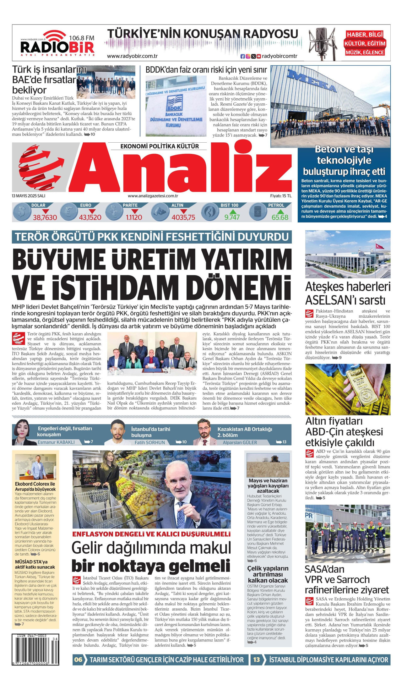 ANALİZ gazetesinin 13 Mayıs 2025 tarihli birinci sayfası