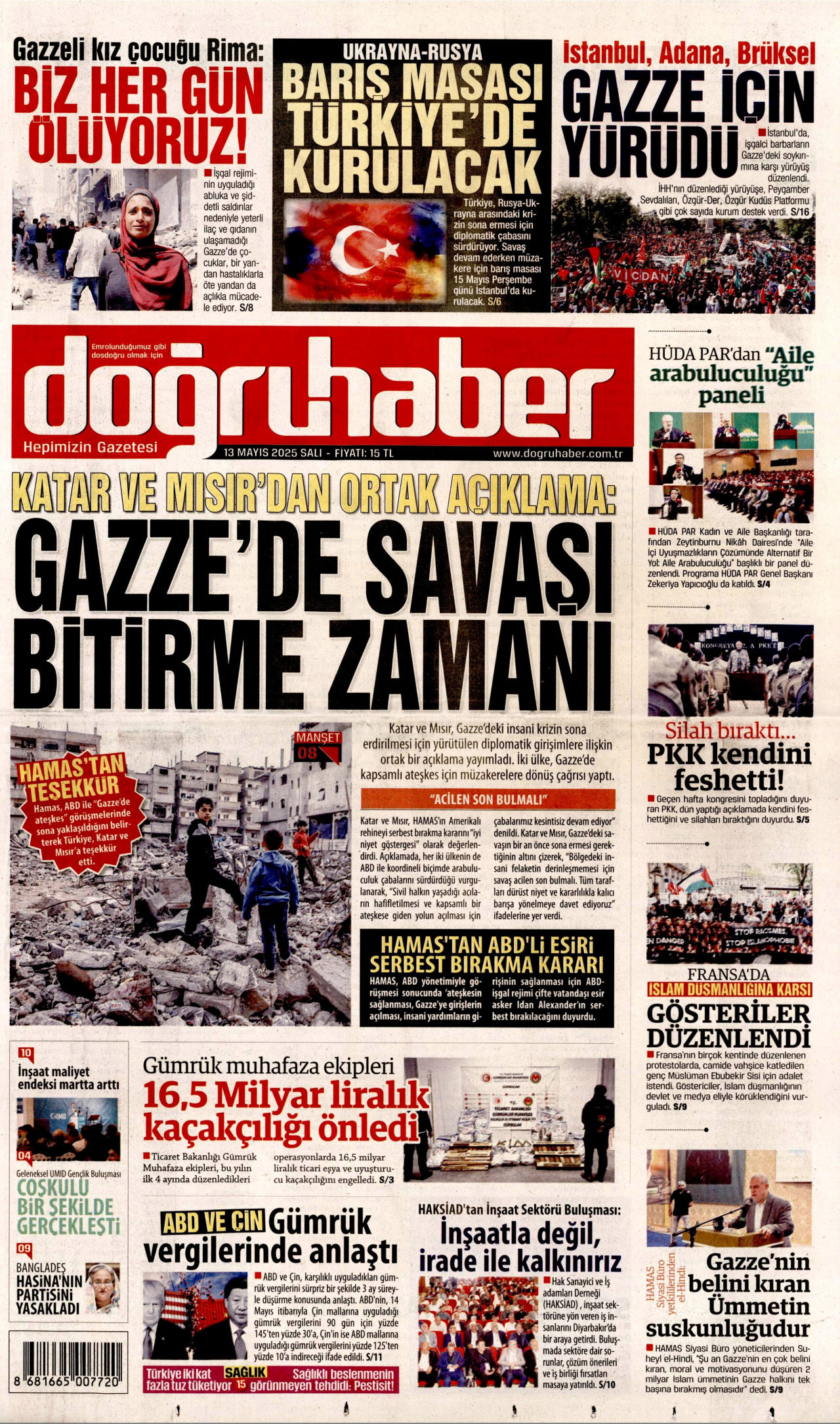 DOĞRU HABER gazetesinin 13 Mayıs 2025 tarihli birinci sayfası