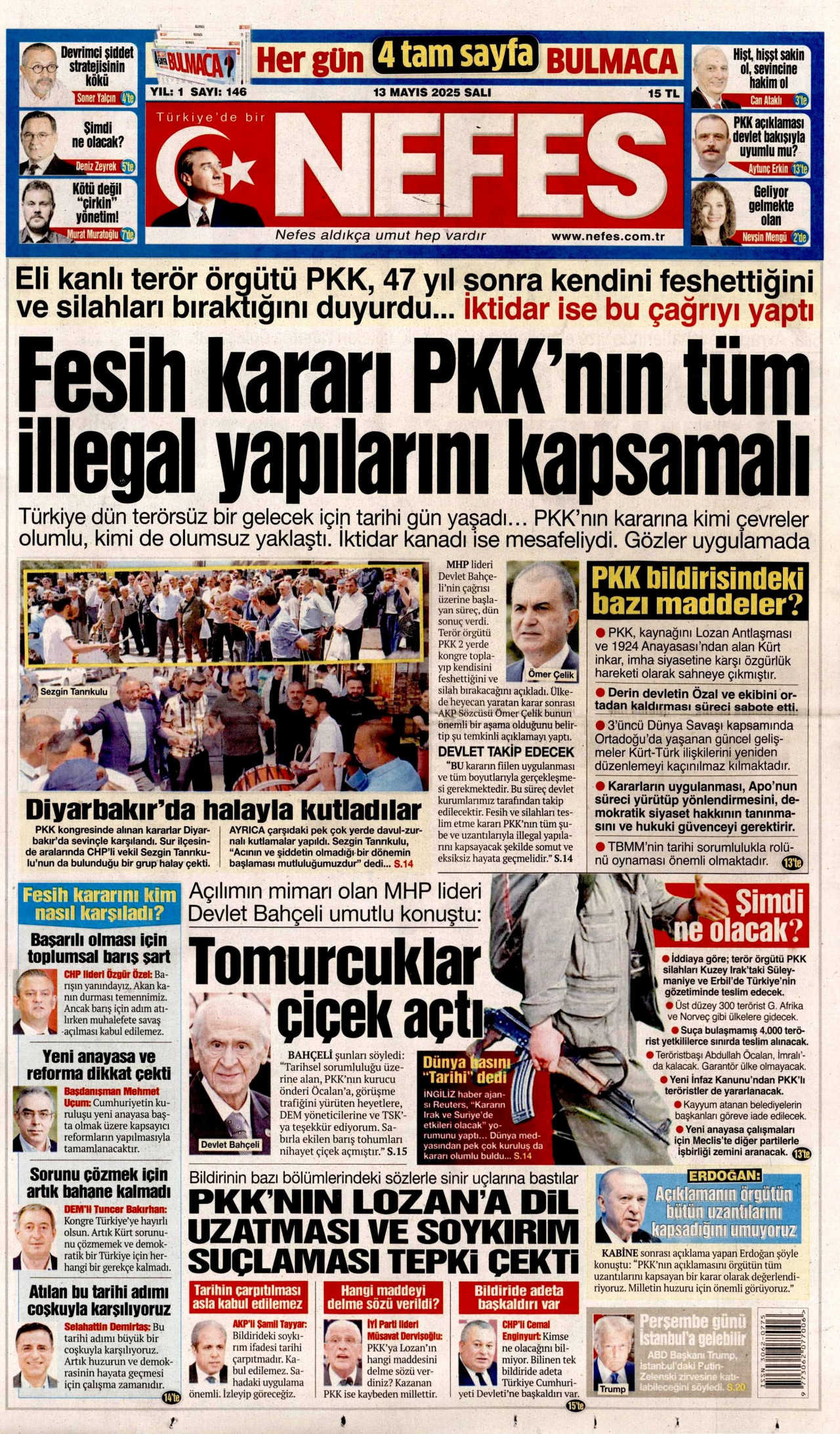 NEFES gazetesinin 13 Mayıs 2025 tarihli birinci sayfası