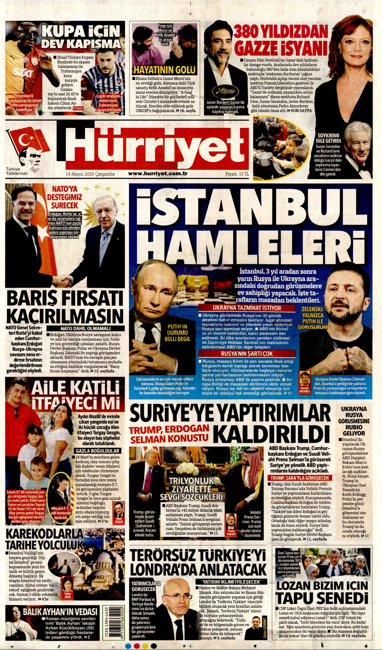 HÜRRİYET gazetesinin 14 Mayıs 2025 tarihli birinci sayfası