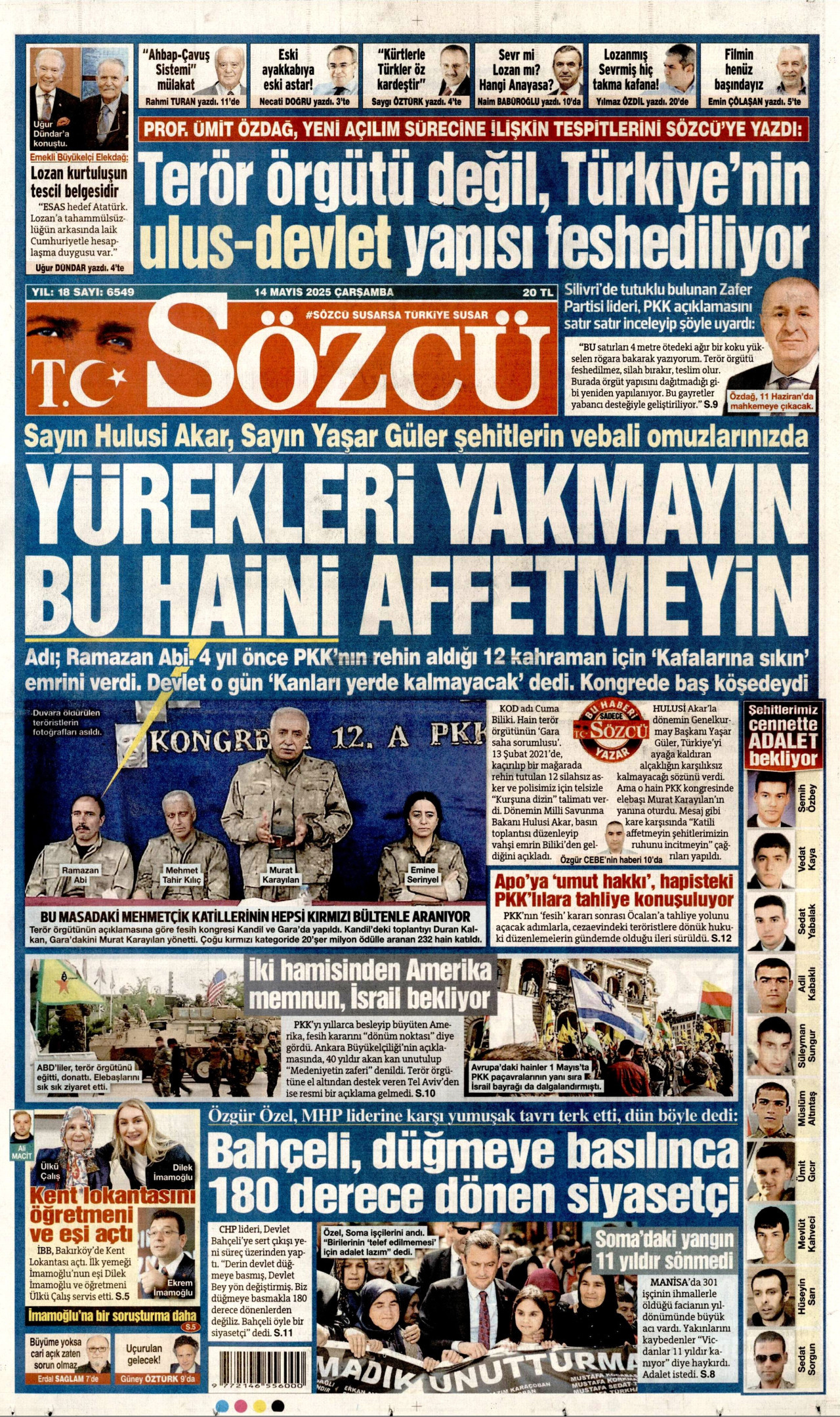 SÖZCÜ gazetesinin 14 Mayıs 2025 tarihli birinci sayfası