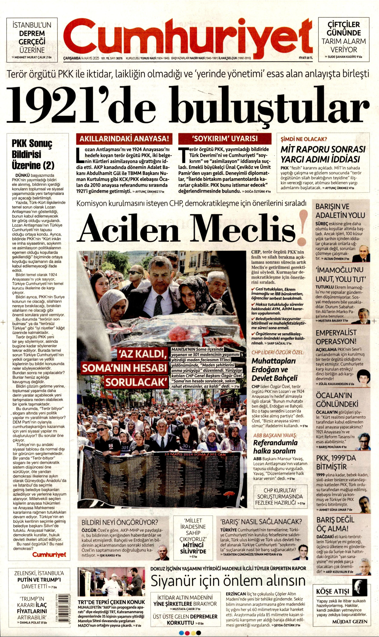 CUMHURİYET gazetesinin 14 Mayıs 2025 tarihli birinci sayfası