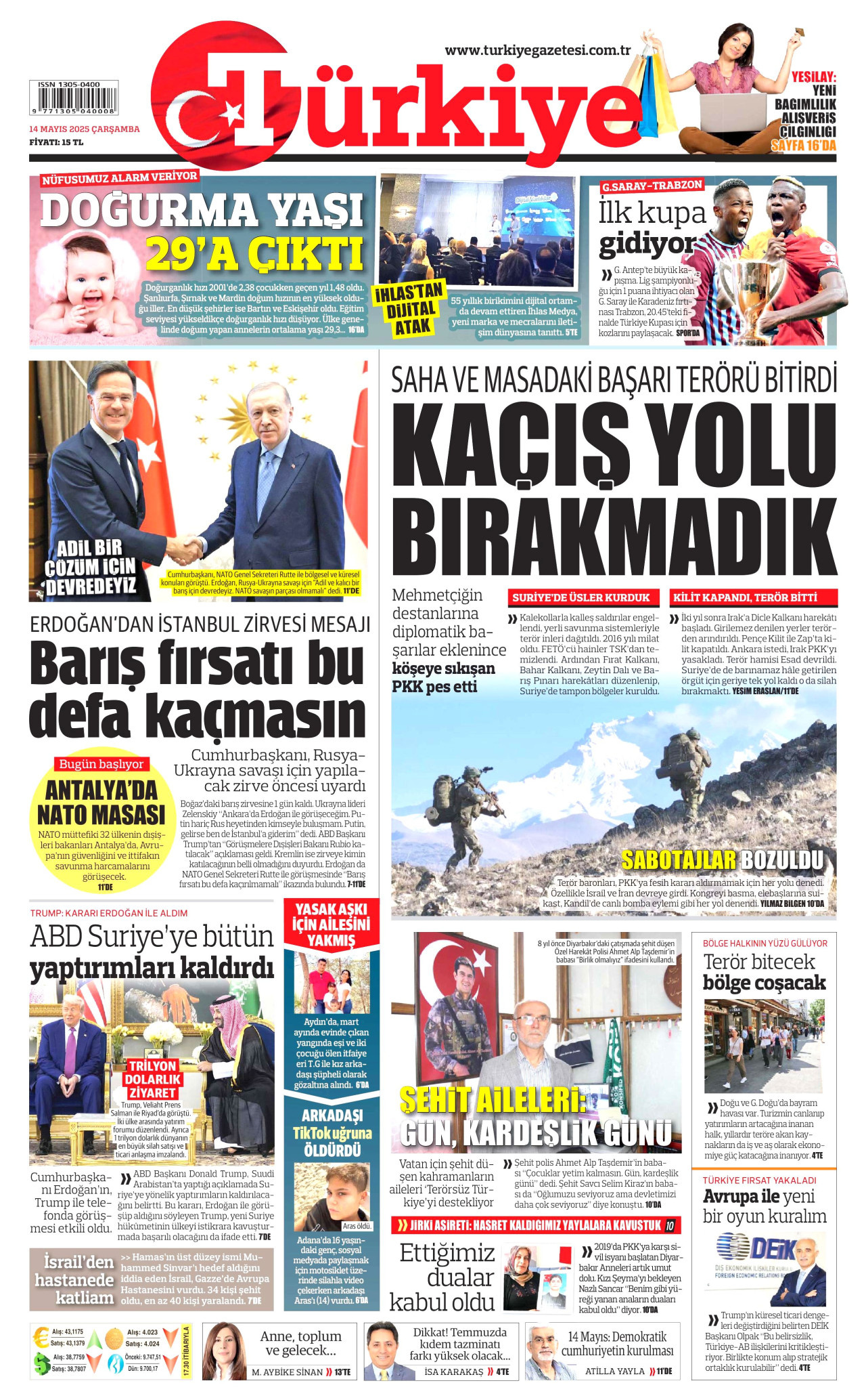 TÜRKİYE GAZETESİ gazetesinin 14 Mayıs 2025 tarihli birinci sayfası