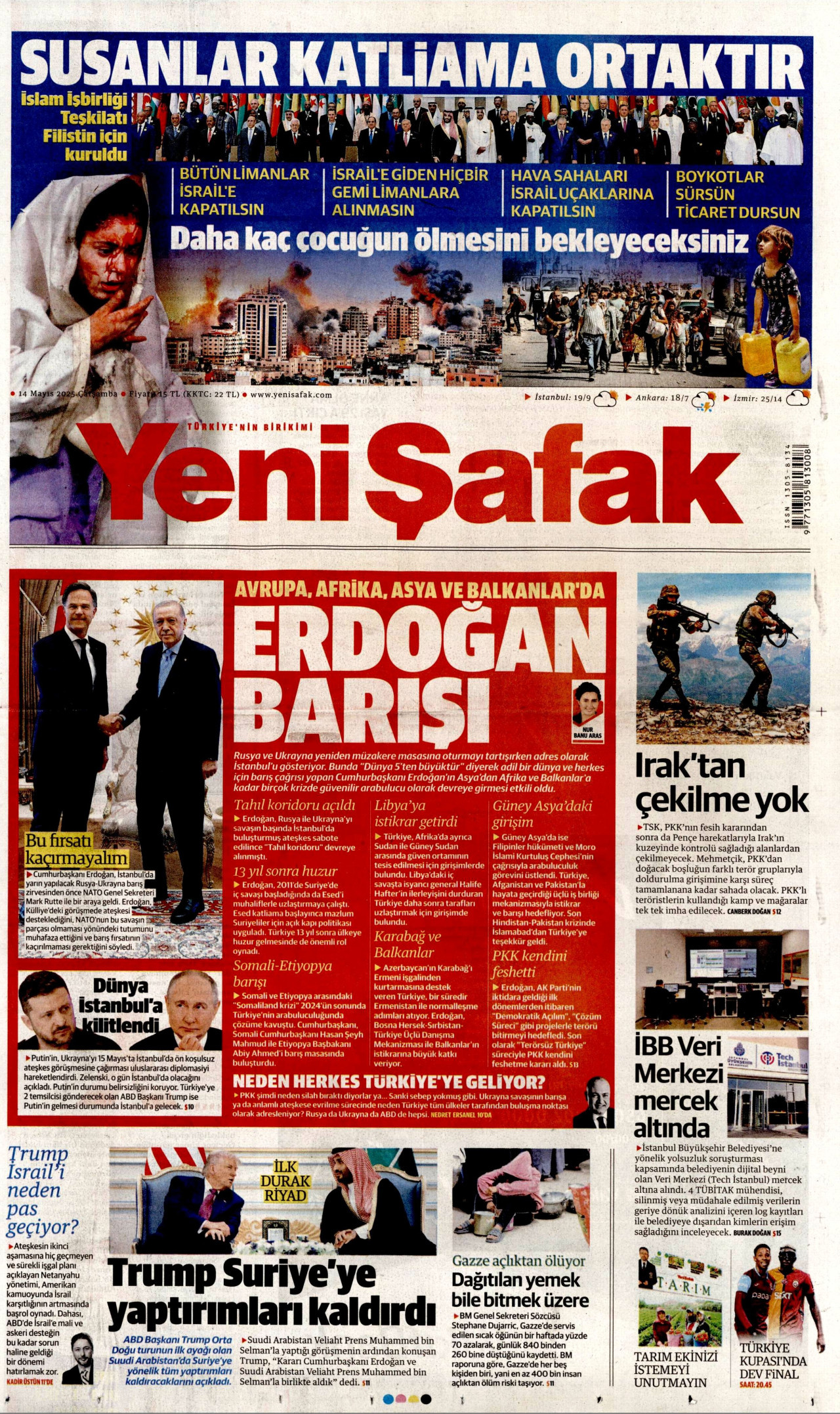 YENİ ŞAFAK gazetesinin 14 Mayıs 2025 tarihli birinci sayfası