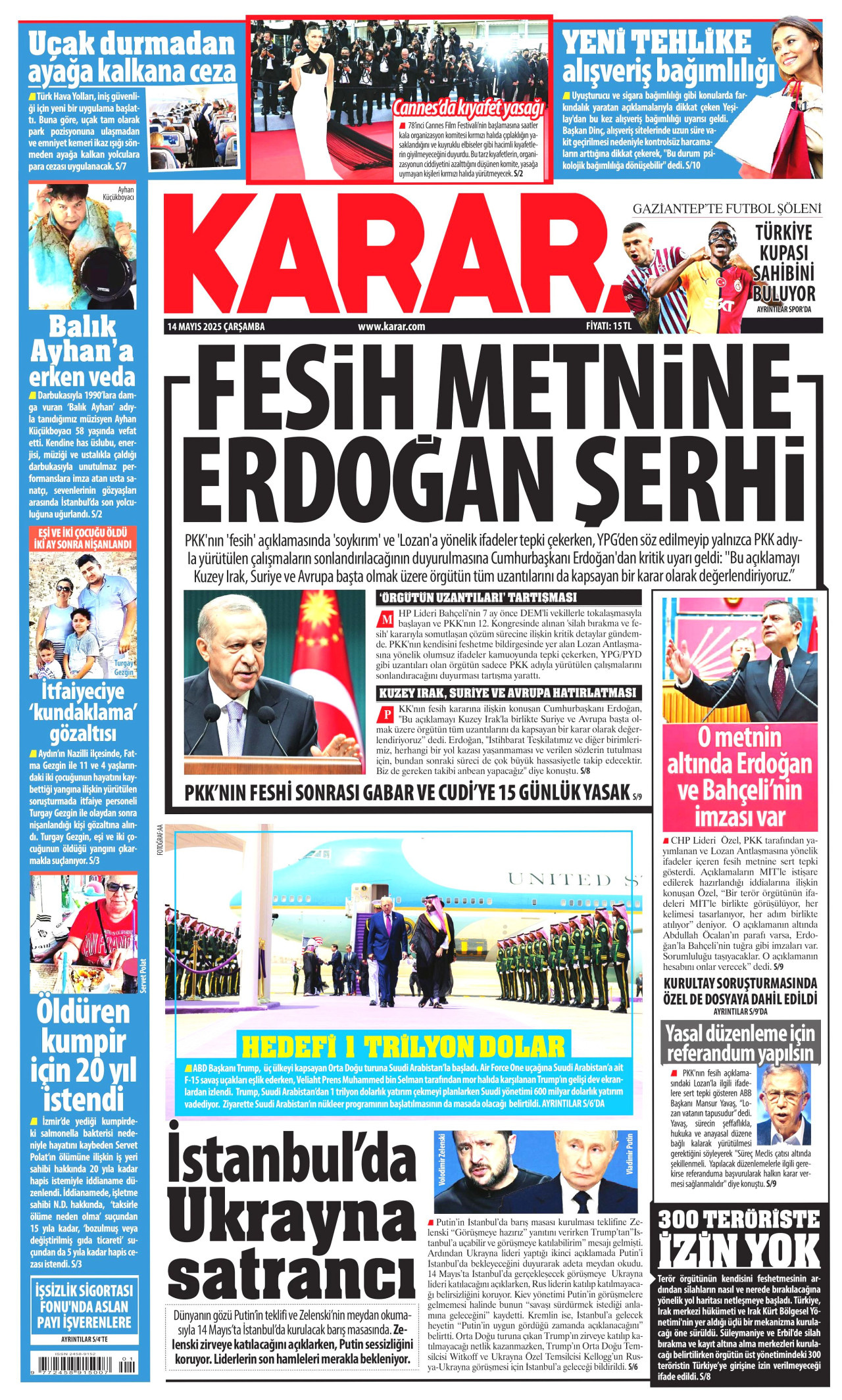 KARAR gazetesinin 14 Mayıs 2025 tarihli birinci sayfası