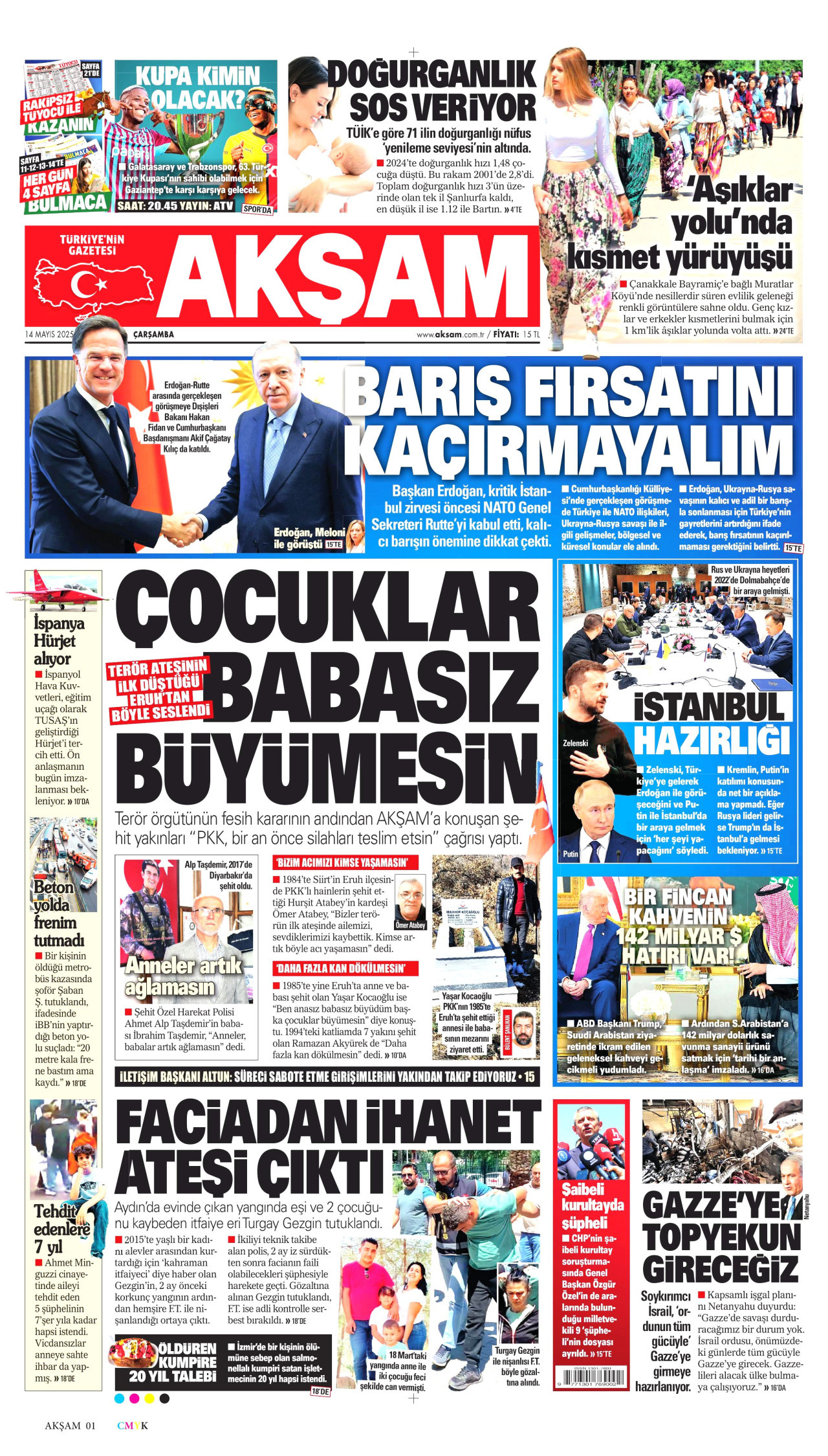 AKŞAM gazetesinin 14 Mayıs 2025 tarihli birinci sayfası