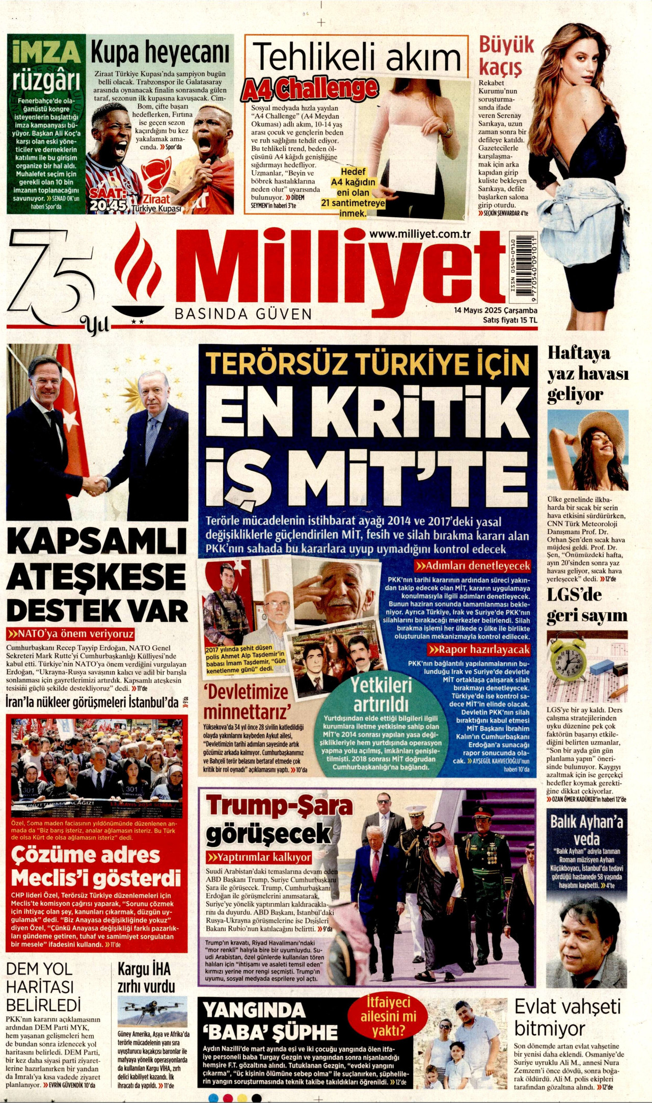 MİLLİYET gazetesinin 14 Mayıs 2025 tarihli birinci sayfası