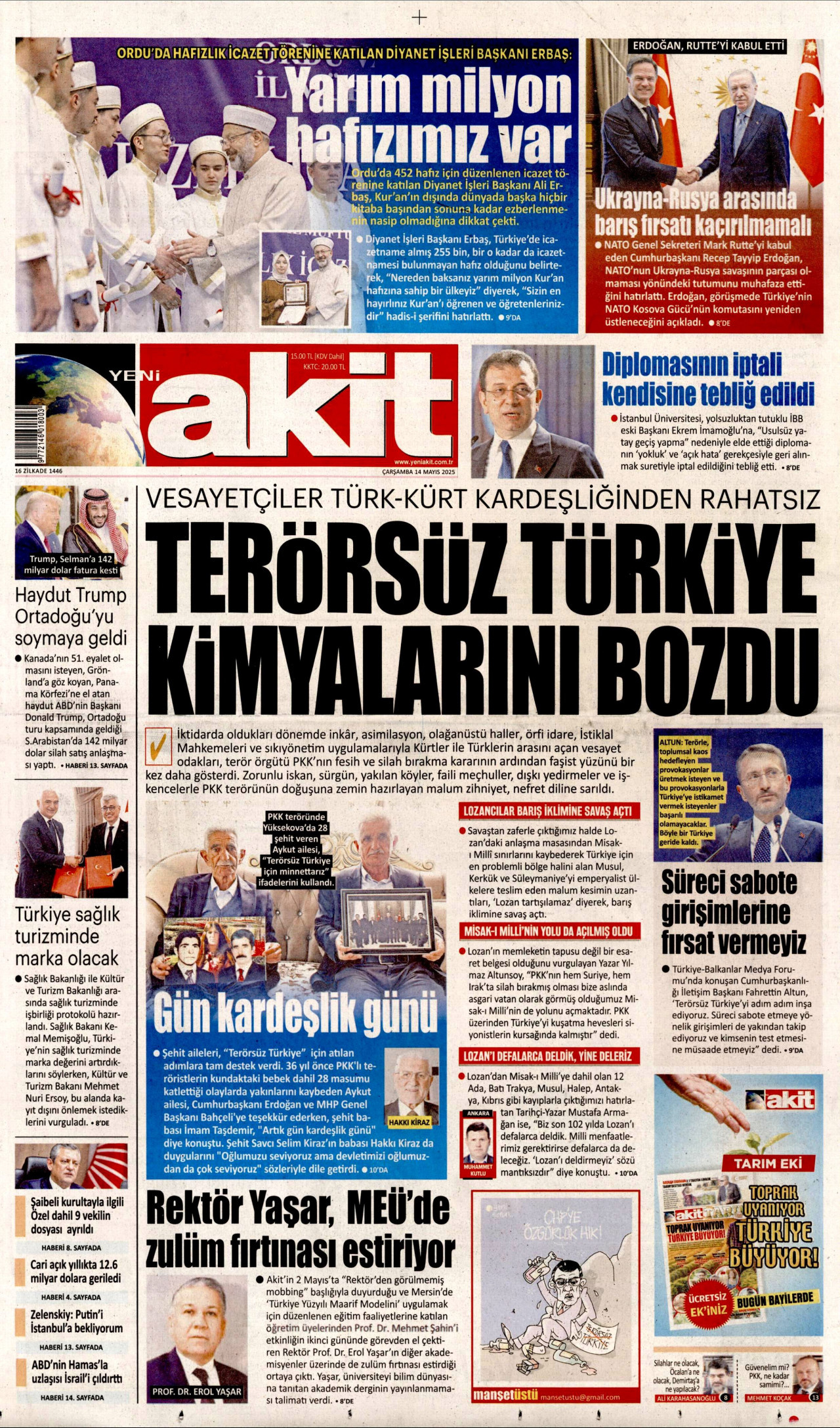 YENİ AKİT gazetesinin 14 Mayıs 2025 tarihli birinci sayfası