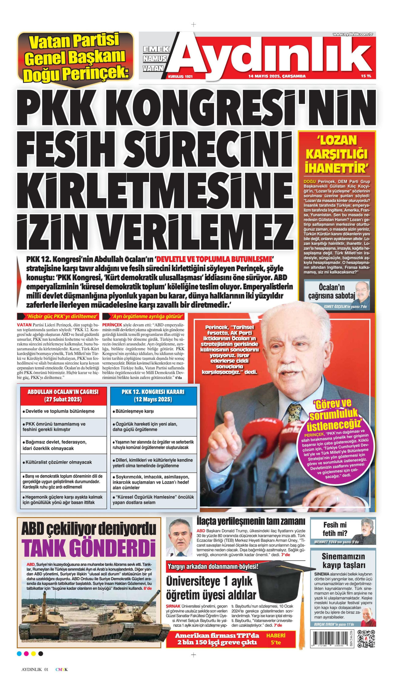 AYDINLIK GAZETESİ gazetesinin 14 Mayıs 2025 tarihli birinci sayfası