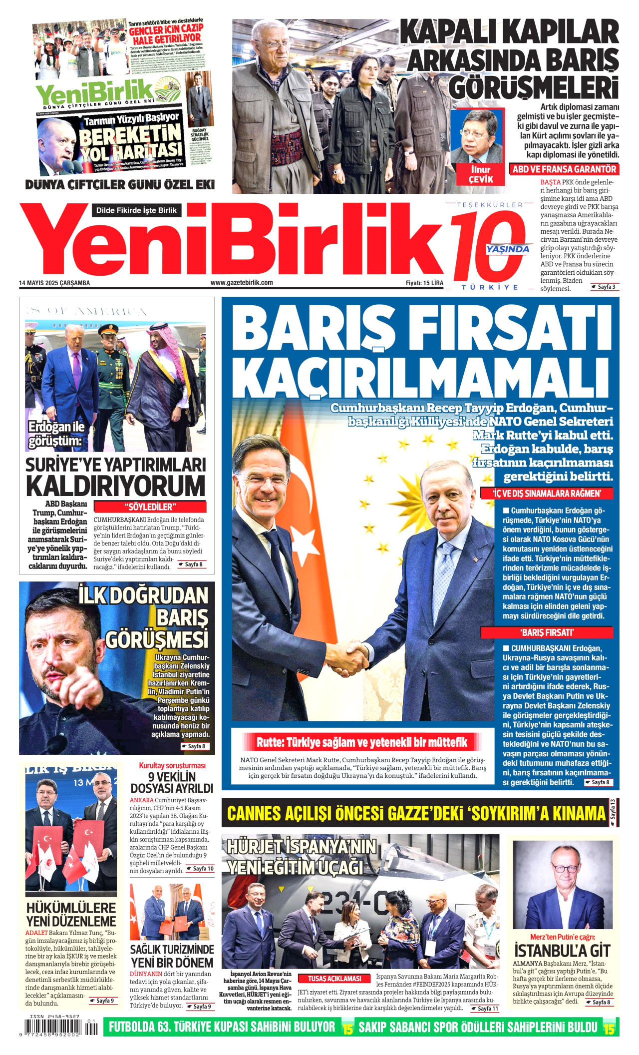 YENİBİRLİK gazetesinin 14 Mayıs 2025 tarihli birinci sayfası