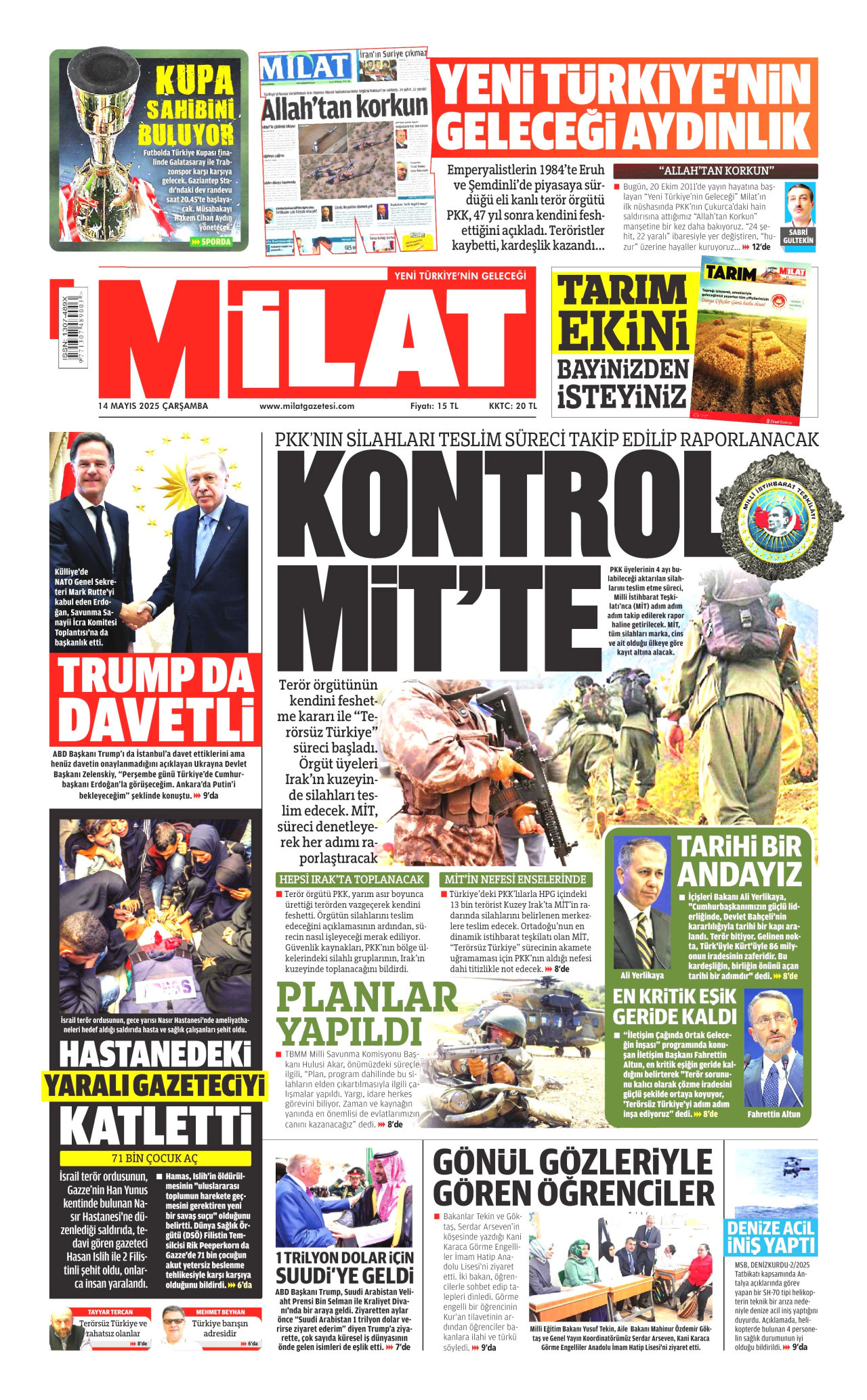 MİLAT gazetesinin 14 Mayıs 2025 tarihli birinci sayfası