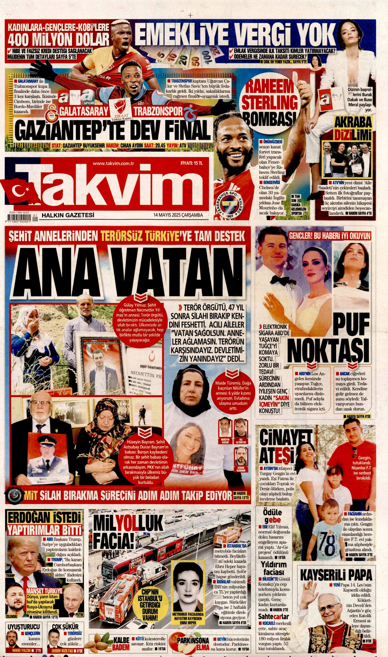TAKVİM gazetesinin 14 Mayıs 2025 tarihli birinci sayfası
