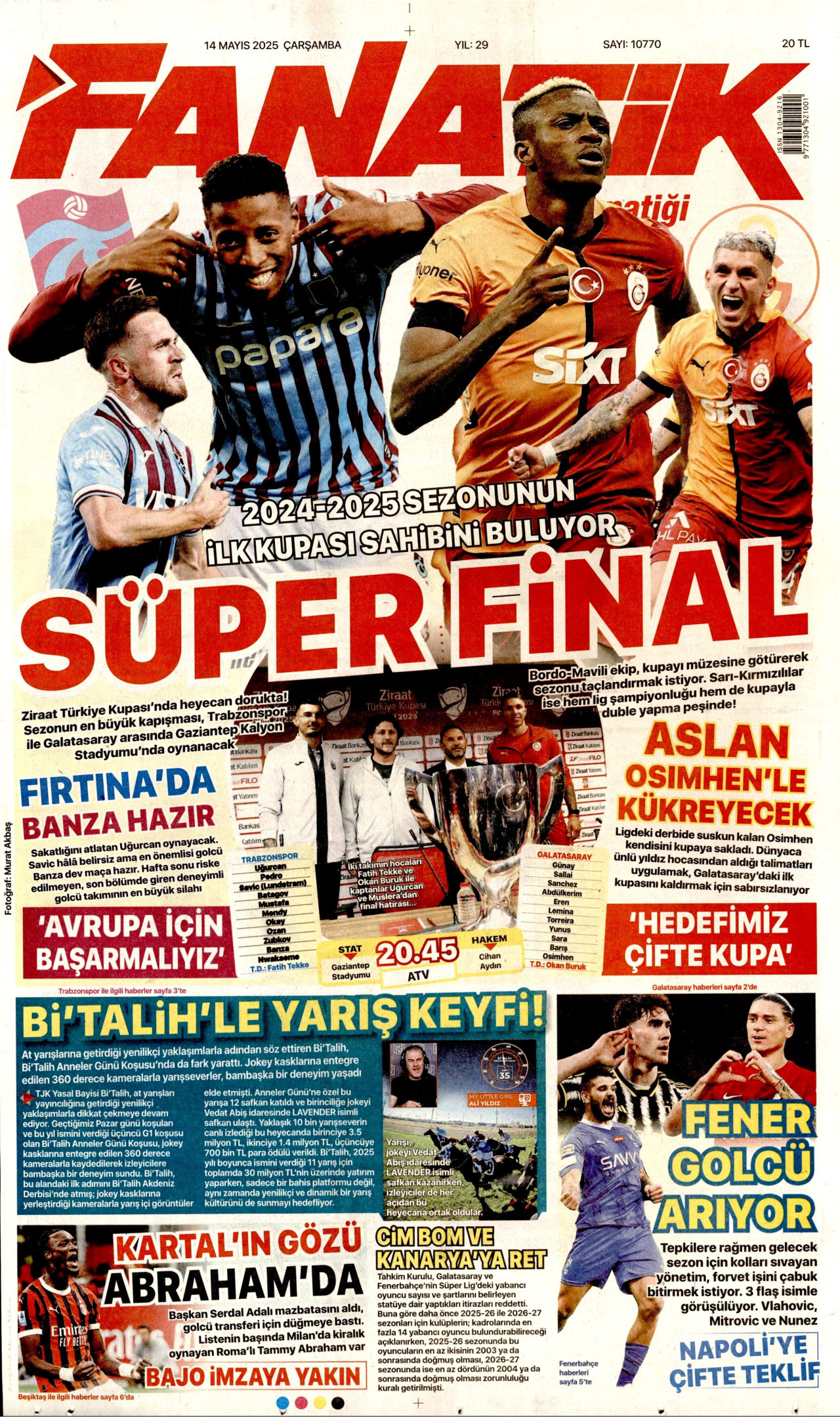 FANATİK gazetesinin 14 Mayıs 2025 tarihli birinci sayfası