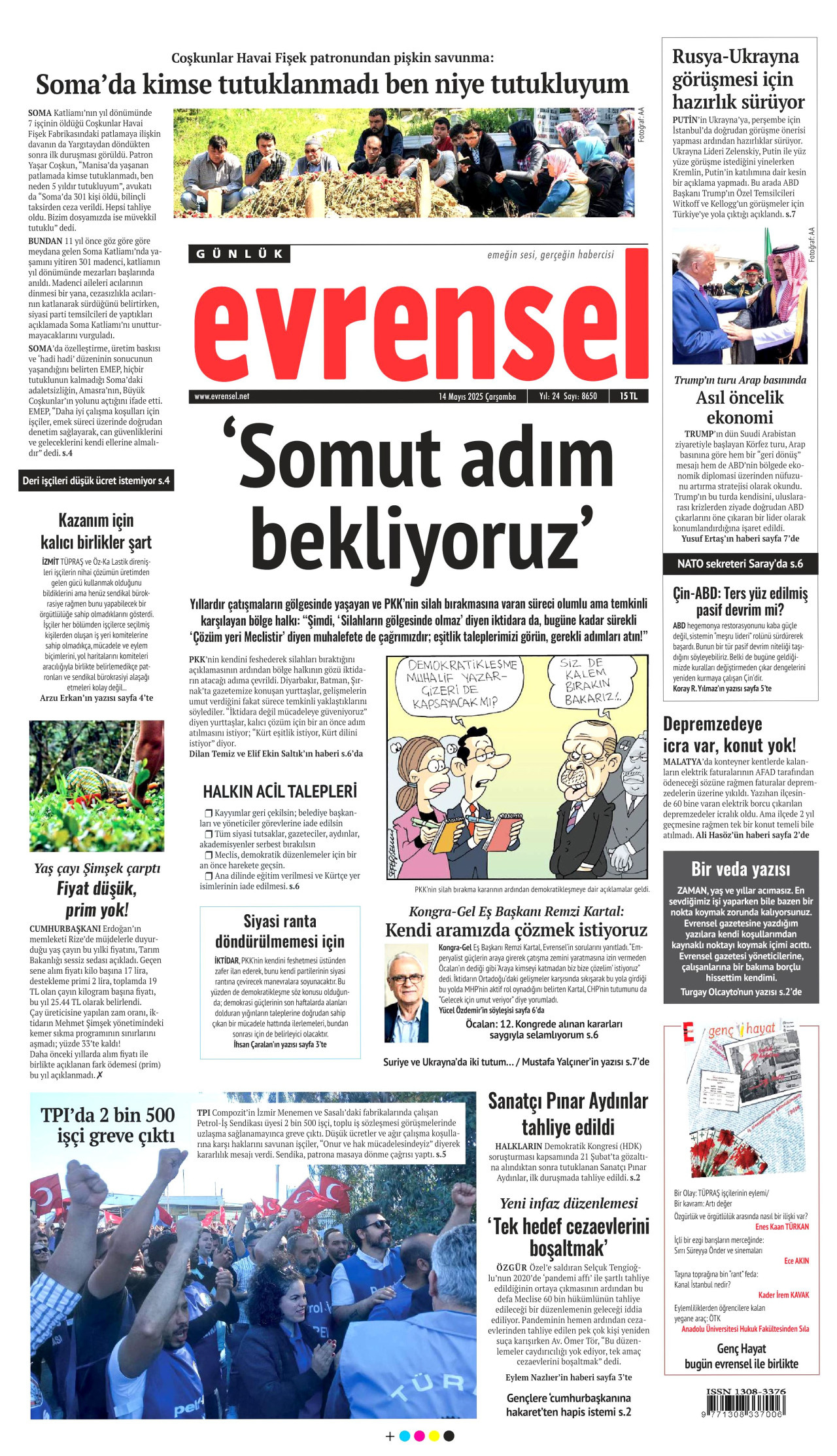 EVRENSEL gazetesinin 14 Mayıs 2025 tarihli birinci sayfası