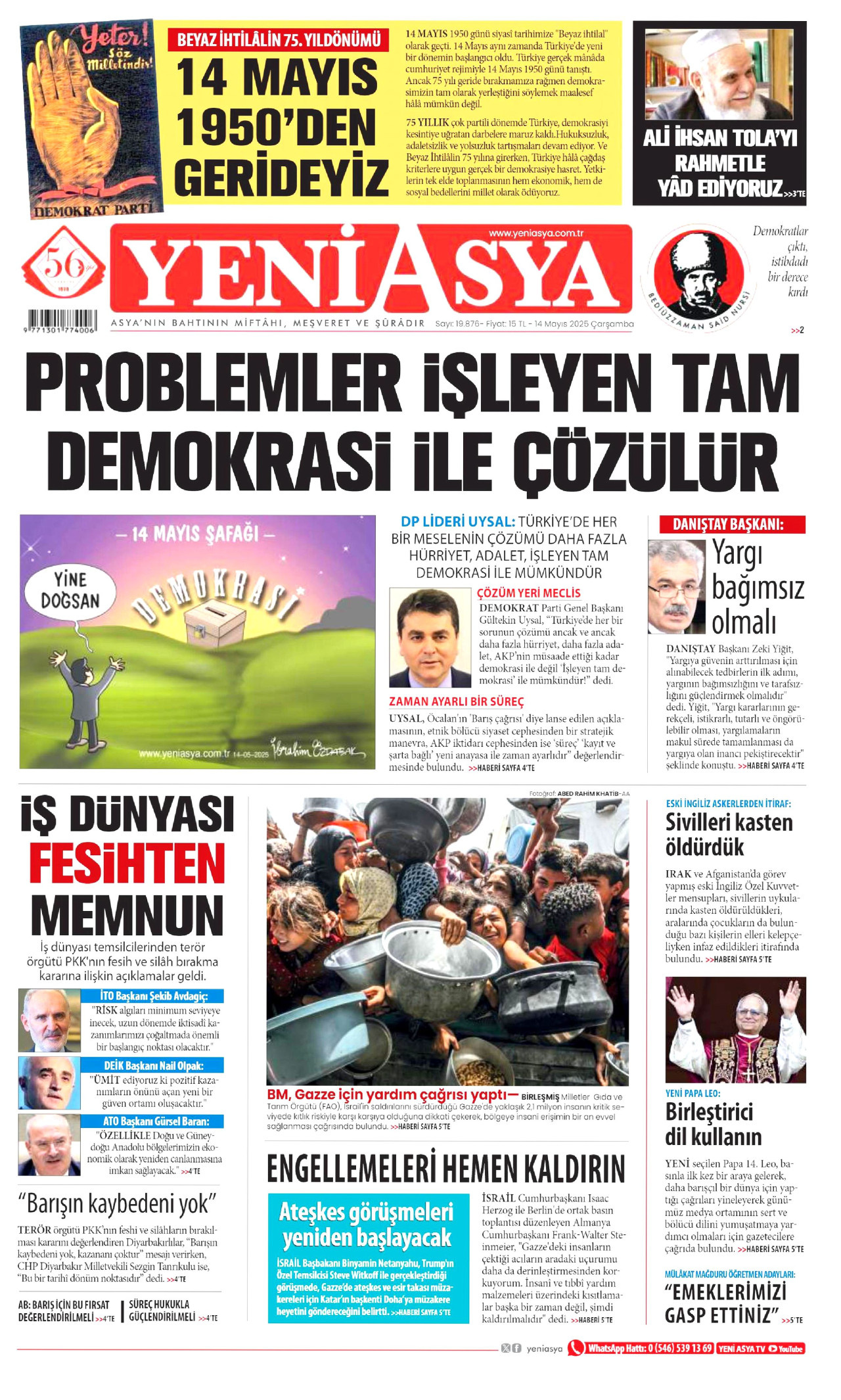 YENİ ASYA gazetesinin 14 Mayıs 2025 tarihli birinci sayfası