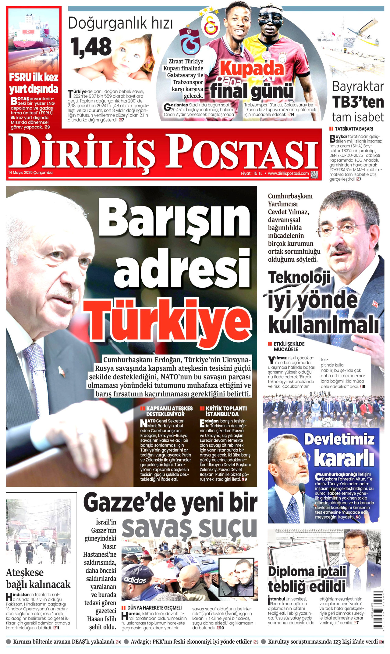 DİRİLİŞ POSTASI gazetesinin 14 Mayıs 2025 tarihli birinci sayfası
