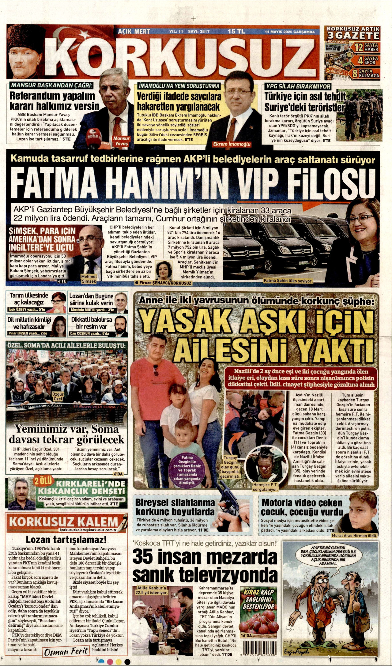KORKUSUZ gazetesinin 14 Mayıs 2025 tarihli birinci sayfası